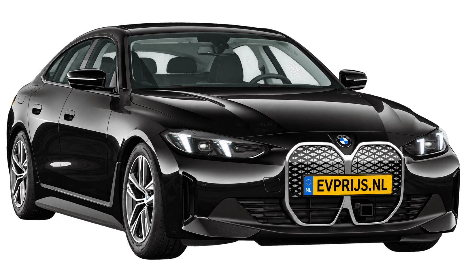 AI-bewerking (Imagegen) van officieel BMW Nederland-configuratorbeeld: i4 Gran Coupé voor-/zijaanzicht in Saphirschwarz metallic (configuratie BMW i4 eDrive35 Gran Coupé Standaarduitvoering); velgen en details kunnen per uitvoering afwijken, beeld 4