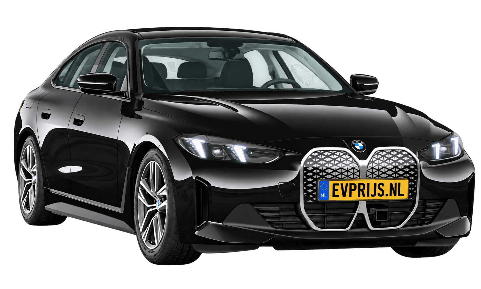 AI-bewerking (Imagegen) van officieel BMW Nederland-configuratorbeeld: i4 Gran Coupé voor-/zijaanzicht in Schwarz uni (configuratie BMW i4 eDrive35 Gran Coupé Standaarduitvoering); uitvoering en velgen kunnen afwijken, beeld 13