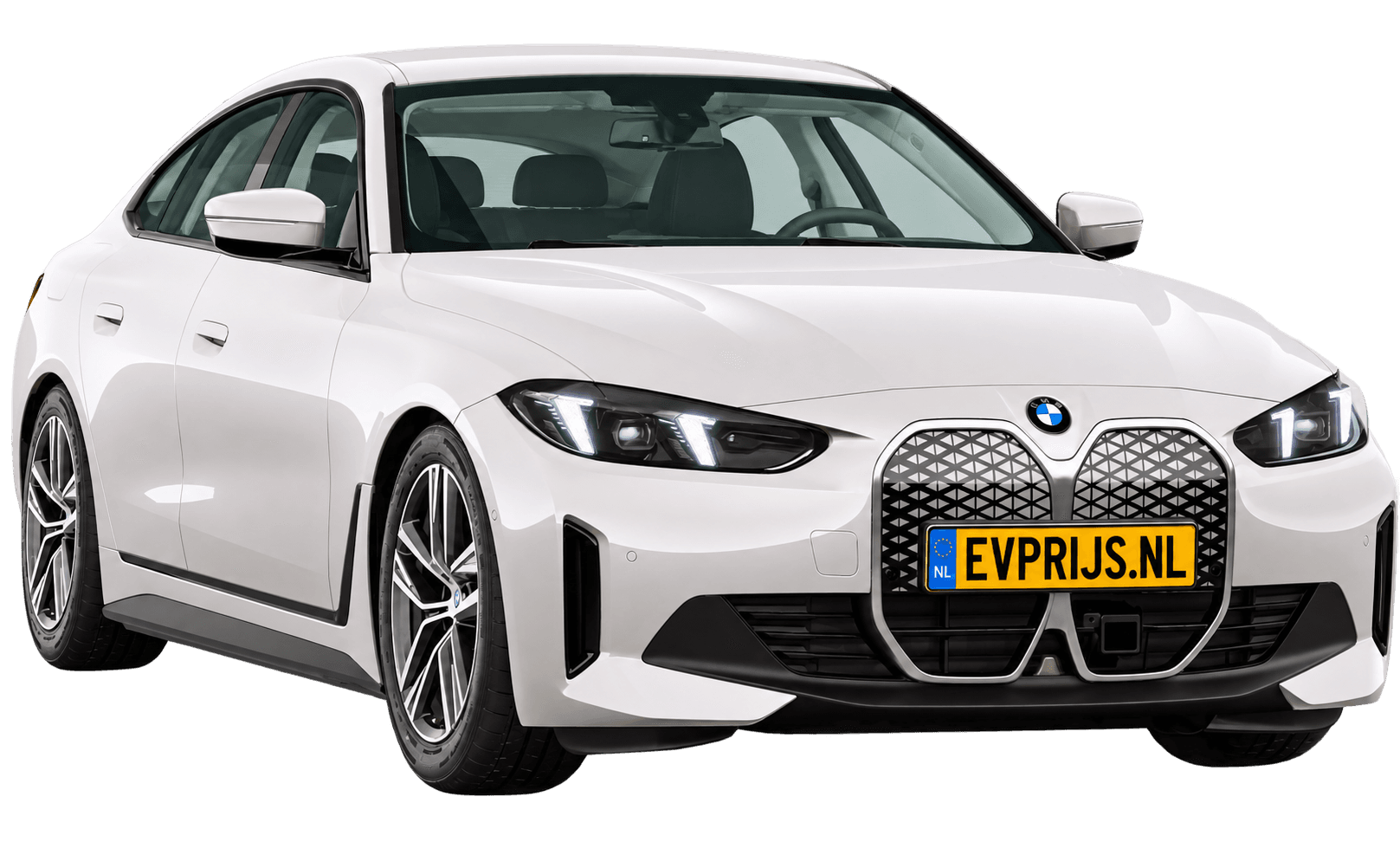 AI-bewerking (Imagegen) van officieel BMW Nederland-configuratorbeeld: i4 Gran Coupé voor-/zijaanzicht in Mineralweiss metallic (configuratie BMW i4 eDrive35 Gran Coupé Standaarduitvoering); velgen en details kunnen per uitvoering afwijken, beeld 5