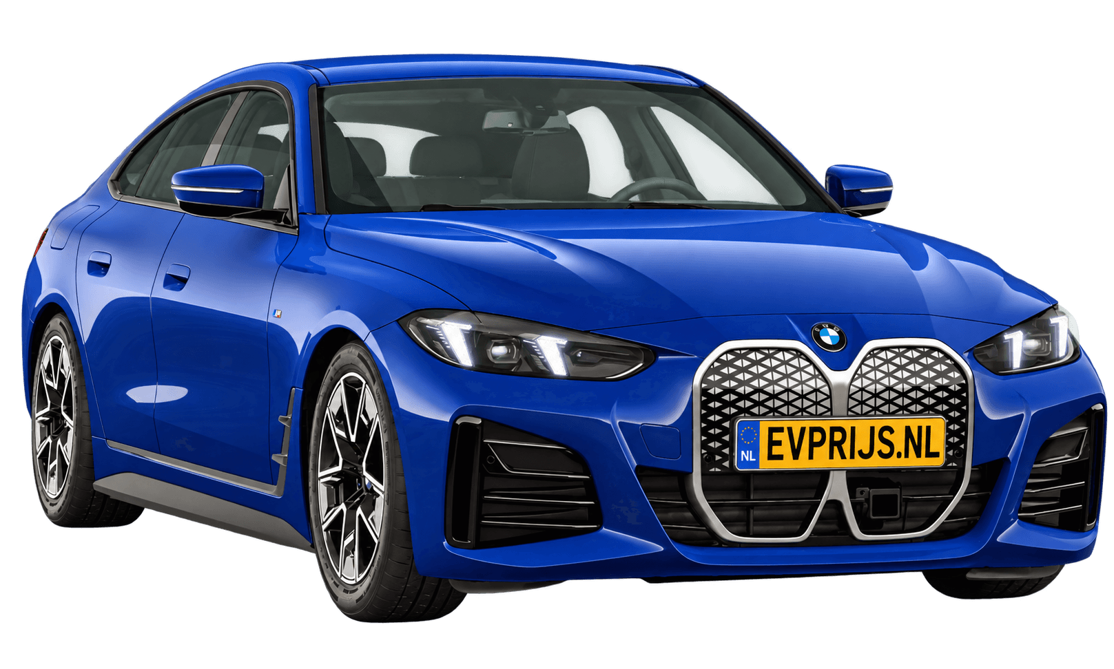 AI-bewerking (Imagegen) van officieel BMW Nederland-configuratorbeeld: i4 Gran Coupé voor-/zijaanzicht in M Portimao Blau (configuratie BMW i4 eDrive35 Gran Coupé Standaarduitvoering, door de configurator aangepast voor deze lak); kleurverzadiging kan afwijken; velgen en details kunnen per uitvoering afwijken, beeld 6