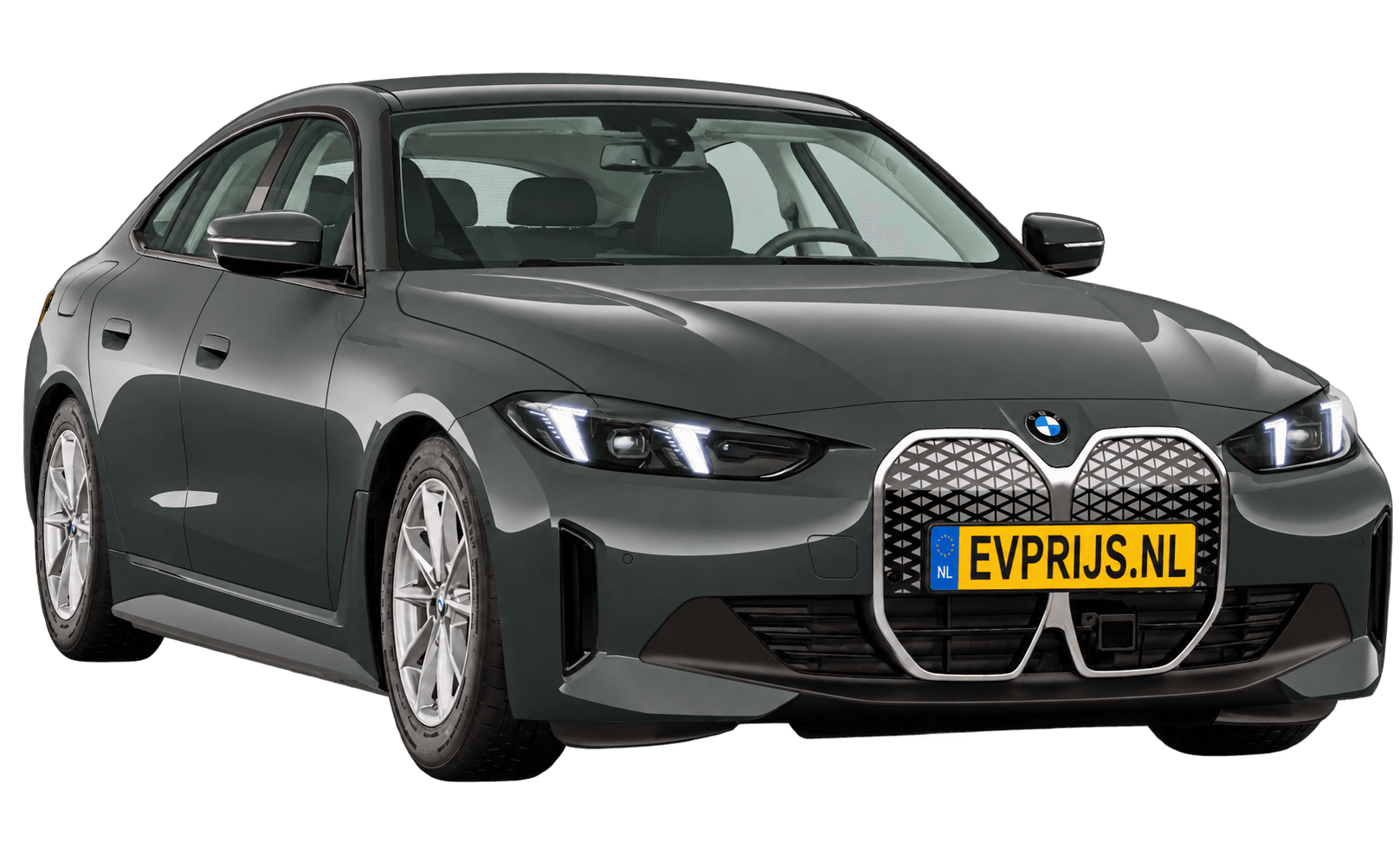 AI-bewerking (Imagegen) van officieel BMW Nederland-configuratorbeeld: i4 Gran Coupé voor-/zijaanzicht in BMW Individual Dravitgrau (configuratie BMW i4 eDrive35 Gran Coupé Standaarduitvoering); velgen en details kunnen per uitvoering afwijken, beeld 11