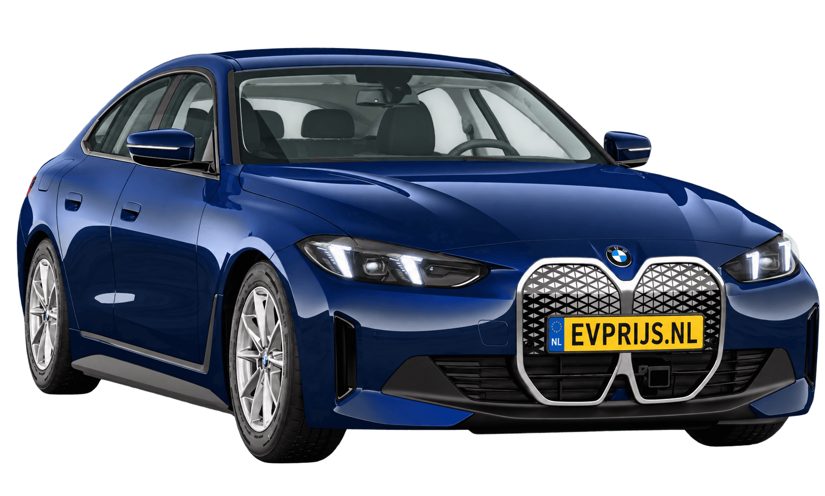 AI-bewerking (Imagegen) van officieel BMW Nederland-configuratorbeeld: i4 Gran Coupé voor-/zijaanzicht in BMW Individual Tansanit metallic (configuratie BMW i4 eDrive35 Gran Coupé Standaarduitvoering); kleurverzadiging kan afwijken; velgen en details kunnen per uitvoering afwijken, beeld 12