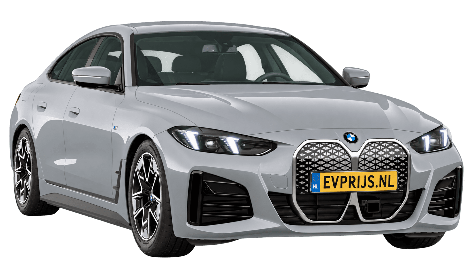 AI-bewerking (Imagegen) van officieel BMW Nederland-configuratorbeeld: i4 Gran Coupé voor-/zijaanzicht in Brooklyn Grau (configuratie BMW i4 eDrive35 Gran Coupé Standaarduitvoering); velgen en details kunnen per uitvoering afwijken, beeld 8