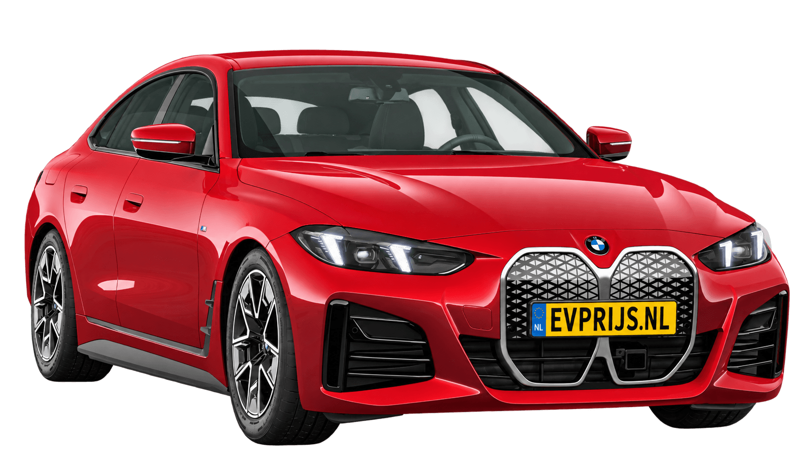 AI-bewerking (Imagegen) van officieel BMW Nederland-configuratorbeeld: i4 Gran Coupé voor-/zijaanzicht in Fire Rot metallic (configuratie BMW i4 eDrive35 Gran Coupé Standaarduitvoering); kleurverzadiging kan afwijken; velgen en details kunnen per uitvoering afwijken, beeld 7
