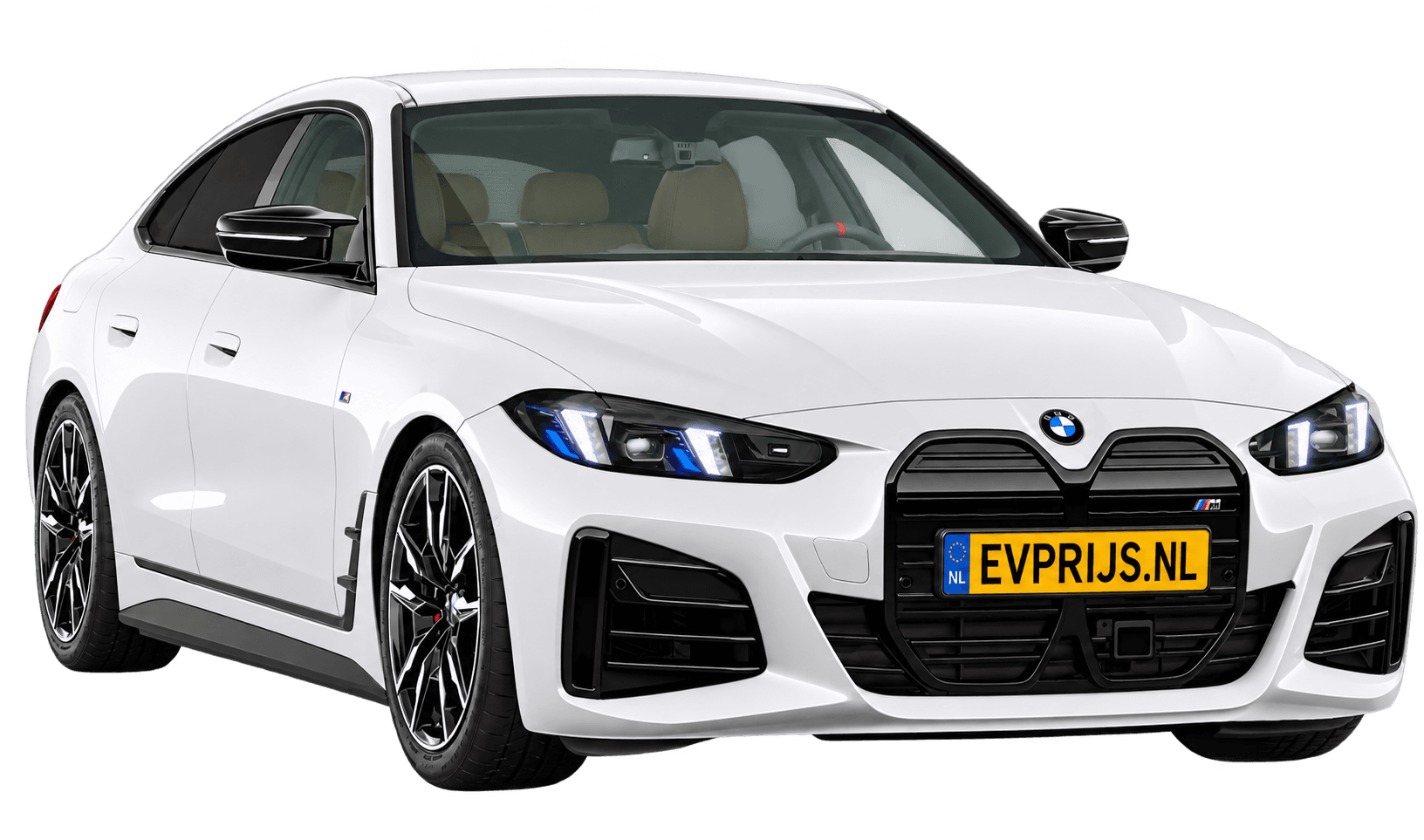 AI-bewerking (Imagegen) van officieel BMW Nederland-configuratorbeeld: i4 Gran Coupé M60 xDrive voor-/zijaanzicht in Alpinweiss (configuratie BMW i4 M60 xDrive Gran Coupé M Sportpakket Pro); velgen en details kunnen per uitvoering afwijken, beeld 3