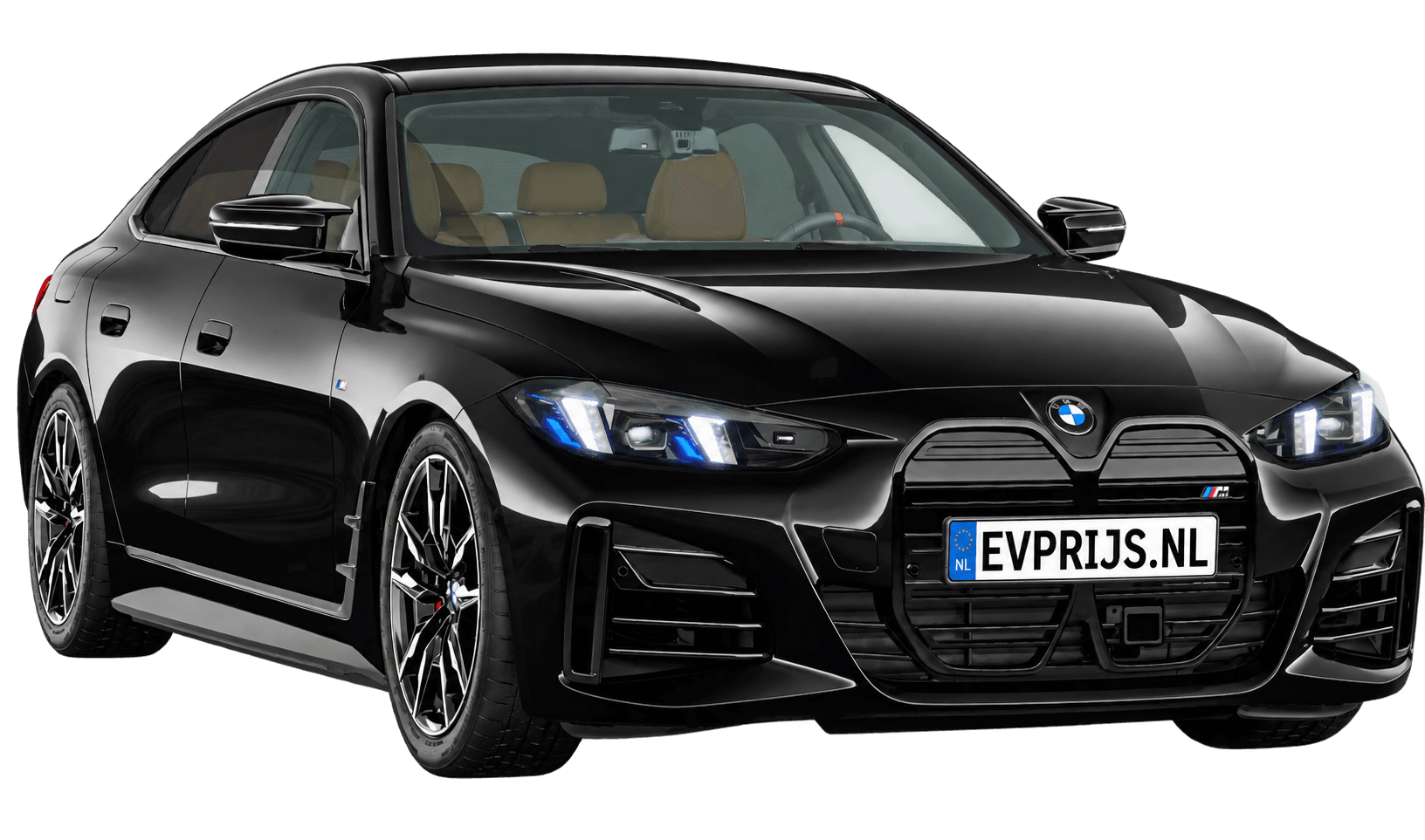 AI-bewerking (Imagegen) van officieel BMW Nederland-configuratorbeeld: i4 Gran Coupé M60 xDrive voor-/zijaanzicht in Saphirschwarz metallic (configuratie BMW i4 M60 xDrive Gran Coupé M Sportpakket Pro); velgen en details kunnen per uitvoering afwijken, beeld 4