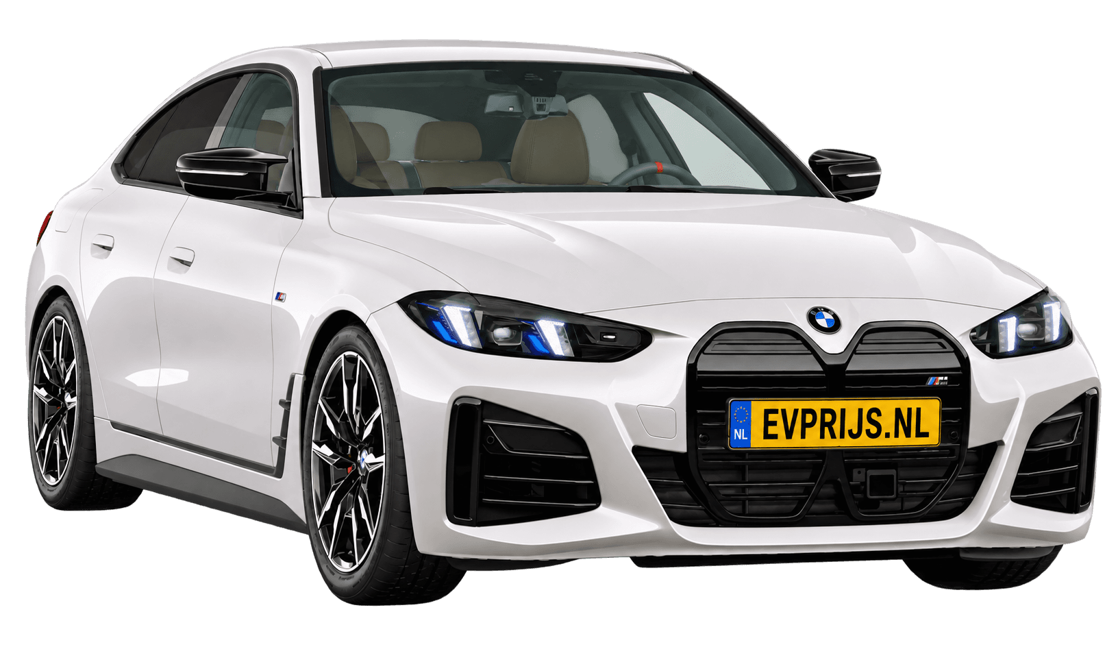 AI-bewerking (Imagegen) van officieel BMW Nederland-configuratorbeeld: i4 Gran Coupé M60 xDrive voor-/zijaanzicht in Mineralweiss metallic (configuratie BMW i4 M60 xDrive Gran Coupé M Sportpakket Pro); velgen en details kunnen per uitvoering afwijken, beeld 5