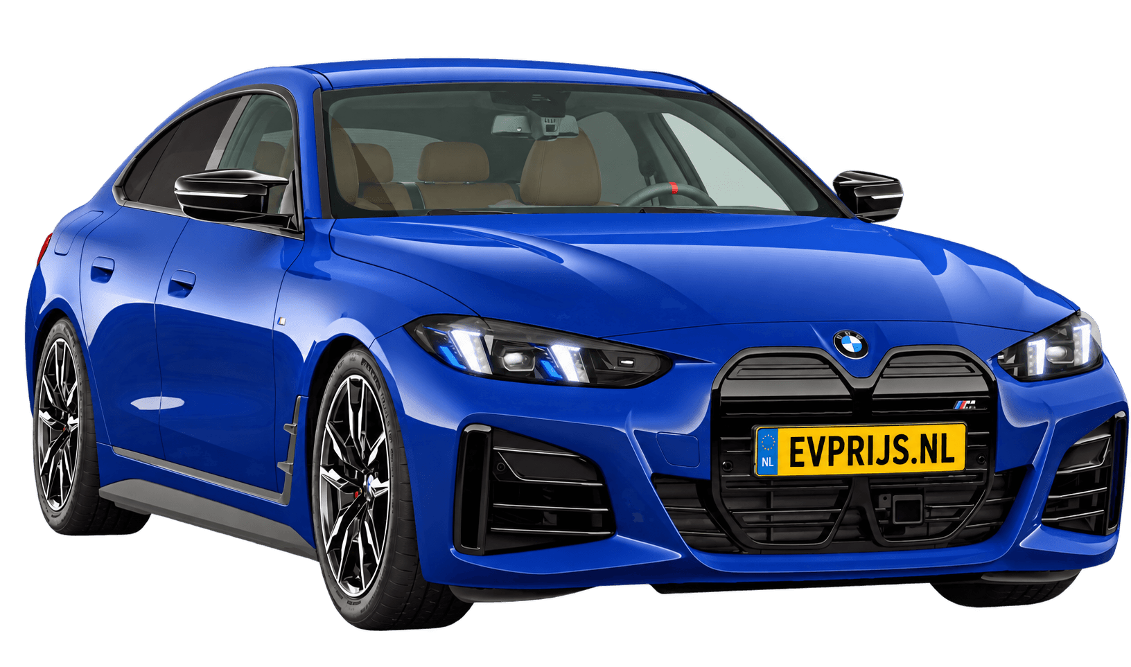 AI-bewerking (Imagegen) van officieel BMW Nederland-configuratorbeeld: i4 Gran Coupé M60 xDrive voor-/zijaanzicht in M Portimao Blau (configuratie BMW i4 M60 xDrive Gran Coupé M Sportpakket Pro); kleurverzadiging kan afwijken; velgen en details kunnen per uitvoering afwijken, beeld 6