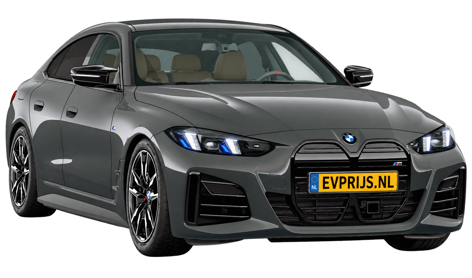AI-bewerking (Imagegen) van officieel BMW Nederland-configuratorbeeld: i4 Gran Coupé M60 xDrive voor-/zijaanzicht in BMW Individual Dravitgrau (configuratie BMW i4 M60 xDrive Gran Coupé M Sportpakket Pro); velgen en details kunnen per uitvoering afwijken, beeld 9