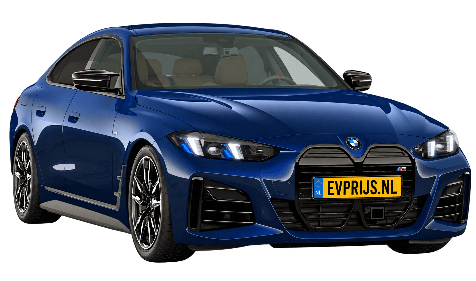 AI-bewerking (Imagegen) van officieel BMW Nederland-configuratorbeeld: i4 Gran Coupé M60 xDrive voor-/zijaanzicht in BMW Individual Tansanit metallic (configuratie BMW i4 M60 xDrive Gran Coupé M Sportpakket Pro); kleurverzadiging kan afwijken; velgen en details kunnen per uitvoering afwijken, beeld 10