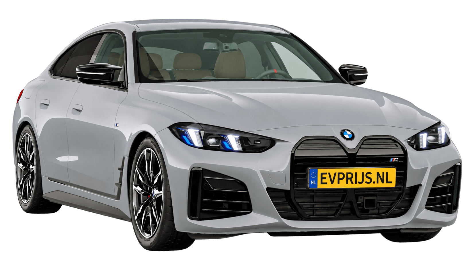 AI-bewerking (Imagegen) van officieel BMW Nederland-configuratorbeeld: i4 Gran Coupé M60 xDrive voor-/zijaanzicht in Brooklyn Grau (configuratie BMW i4 M60 xDrive Gran Coupé M Sportpakket Pro); velgen en details kunnen per uitvoering afwijken, beeld 7
