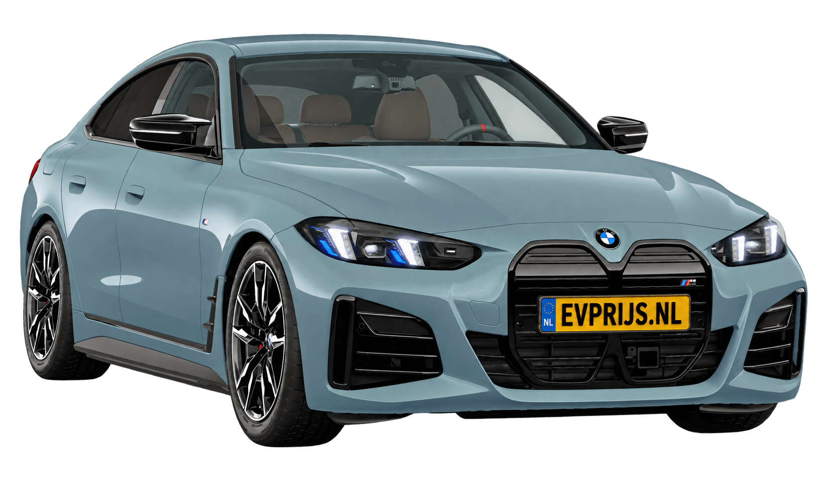 AI-bewerking (Imagegen) van officieel BMW Nederland-configuratorbeeld: i4 Gran Coupé M60 xDrive voor-/zijaanzicht in Cape York Green metallic (configuratie BMW i4 M60 xDrive Gran Coupé M Sportpakket Pro); kleurverzadiging kan afwijken; velgen en details kunnen per uitvoering afwijken, beeld 8