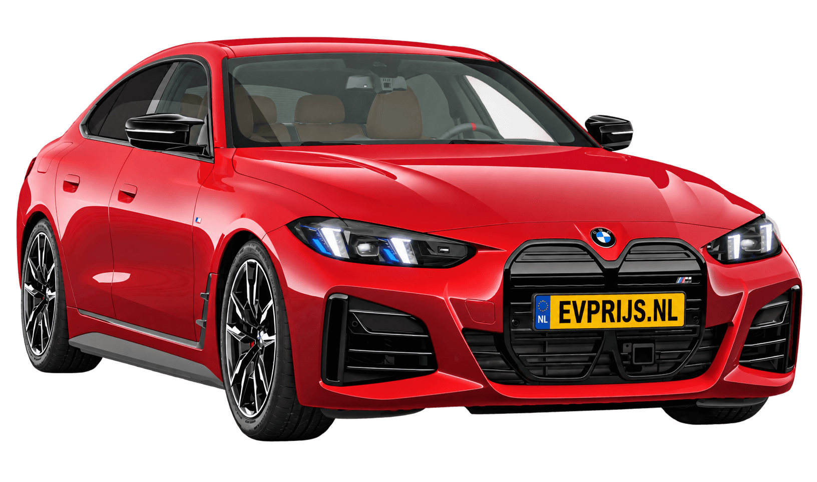 AI-bewerking (Imagegen) van officieel BMW Nederland-configuratorbeeld: i4 Gran Coupé M60 xDrive voor-/zijaanzicht in Fire Rot metallic (configuratie BMW i4 M60 xDrive Gran Coupé M Sportpakket Pro); kleurverzadiging kan afwijken; velgen en details kunnen per uitvoering afwijken, beeld 1