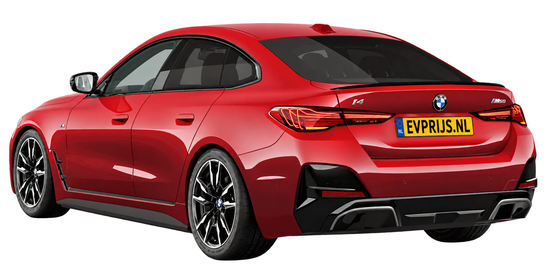 AI-bewerking (Imagegen) van officieel BMW Nederland-configuratorbeeld: i4 Gran Coupé M60 xDrive achter-/zijaanzicht in Fire Rot metallic (configuratie BMW i4 M60 xDrive Gran Coupé M Sportpakket Pro); kleurverzadiging kan afwijken; velgen en details kunnen per uitvoering afwijken, beeld 2