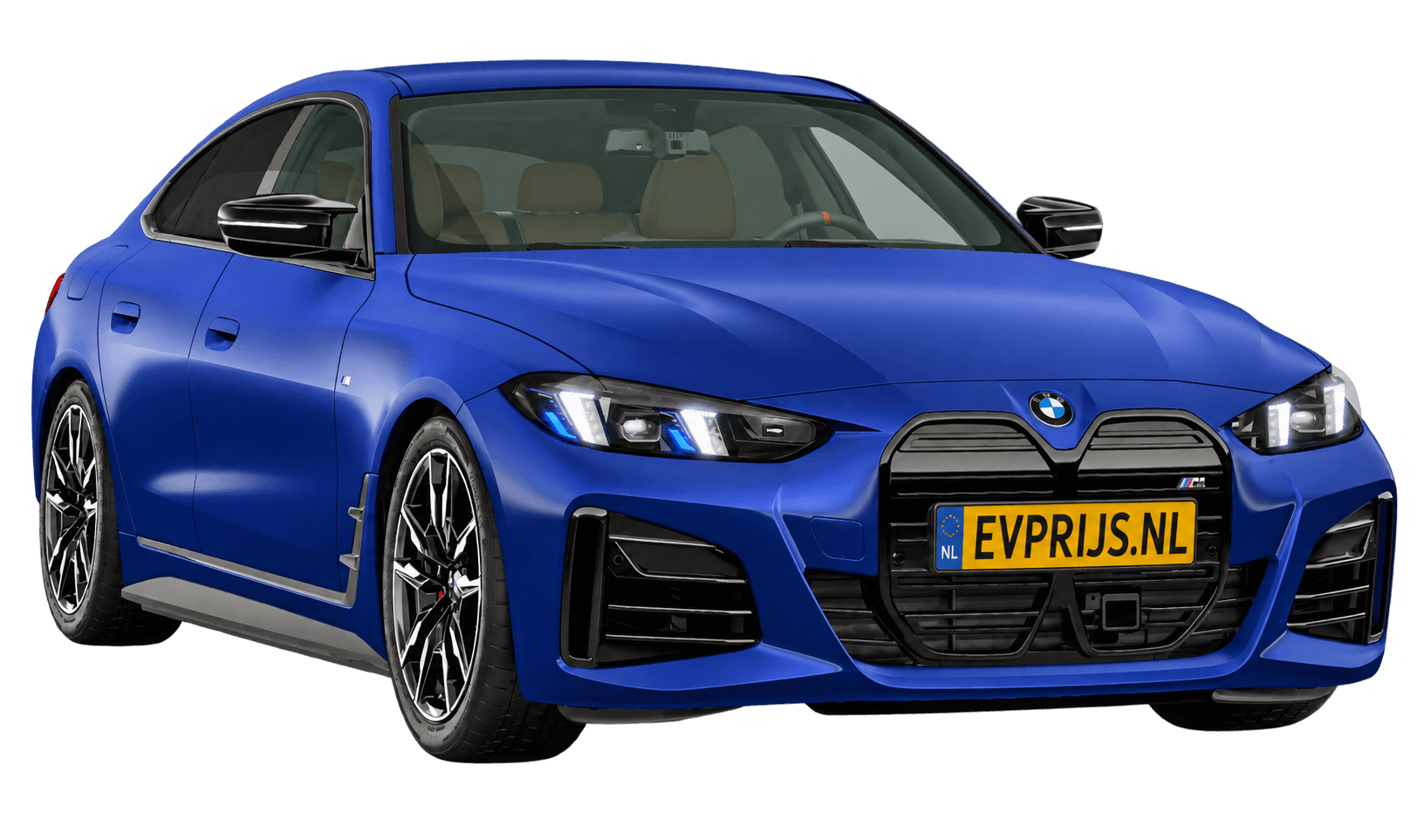 AI-bewerking (Imagegen) van officieel BMW Nederland-configuratorbeeld: i4 Gran Coupé M60 xDrive voor-/zijaanzicht in BMW Individual Frozen Portimao Blau metallic (configuratie BMW i4 M60 xDrive Gran Coupé M Sportpakket Pro); kleurverzadiging kan afwijken; velgen en details kunnen per uitvoering afwijken, beeld 11