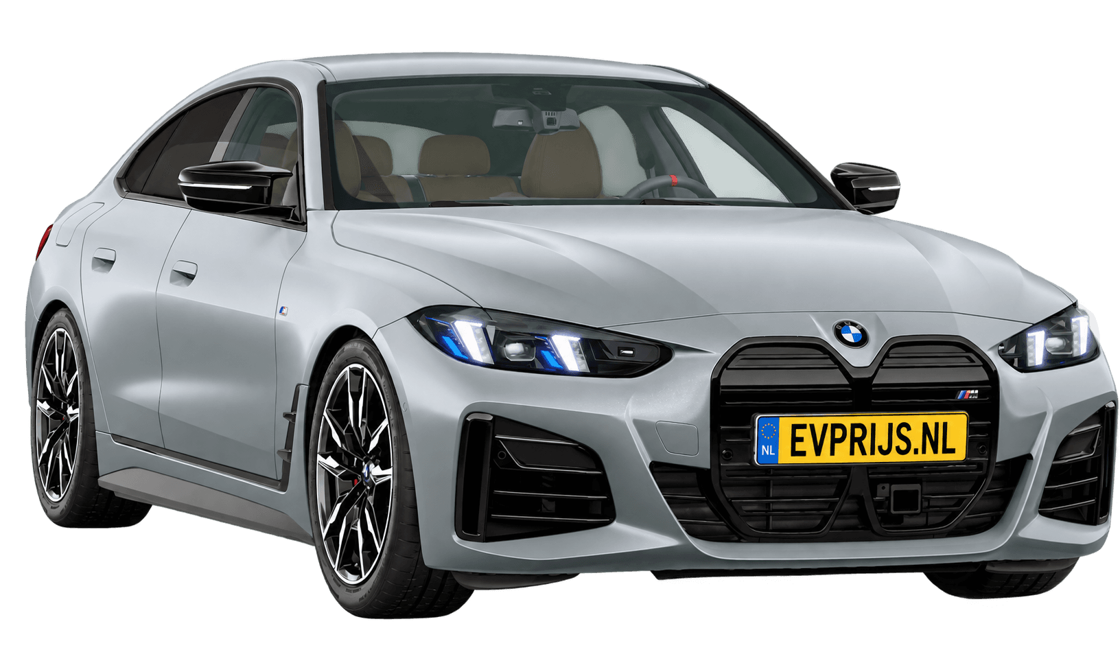 AI-bewerking (Imagegen) van officieel BMW Nederland-configuratorbeeld: i4 Gran Coupé M60 xDrive voor-/zijaanzicht in Frozen Pure Grey II metallic (configuratie BMW i4 M60 xDrive Gran Coupé M Sportpakket Pro); velgen en details kunnen per uitvoering afwijken, beeld 12