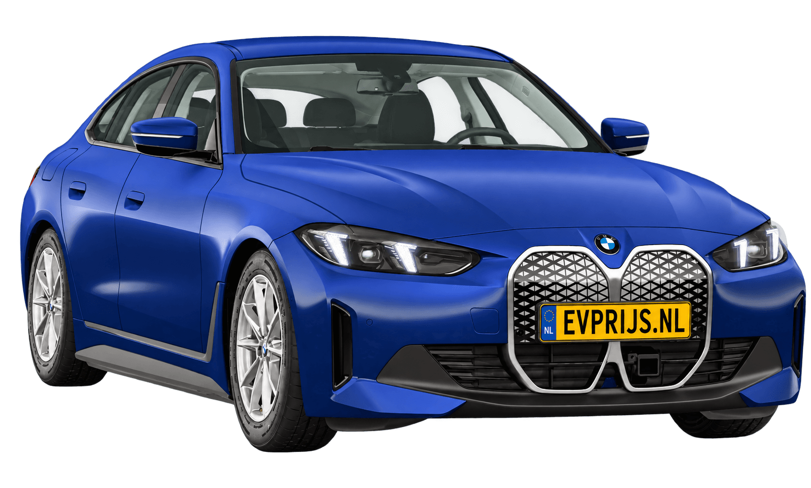AI-bewerking (Imagegen) van officieel BMW Nederland-configuratorbeeld: i4 Gran Coupé voor-/zijaanzicht in BMW Individual Frozen Portimao Blau metallic (configuratie BMW i4 eDrive35 Gran Coupé Standaarduitvoering); kleurverzadiging kan afwijken; velgen en details kunnen per uitvoering afwijken, beeld 13