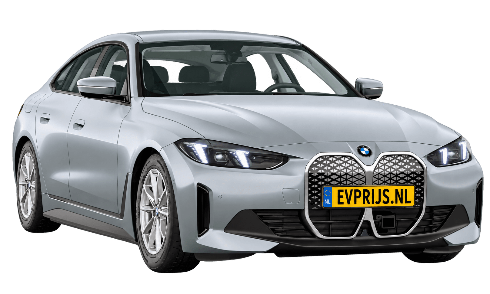 AI-bewerking (Imagegen) van officieel BMW Nederland-configuratorbeeld: i4 Gran Coupé voor-/zijaanzicht in Frozen Pure Grey II metallic (configuratie BMW i4 eDrive35 Gran Coupé Standaarduitvoering); velgen en details kunnen per uitvoering afwijken, beeld 14