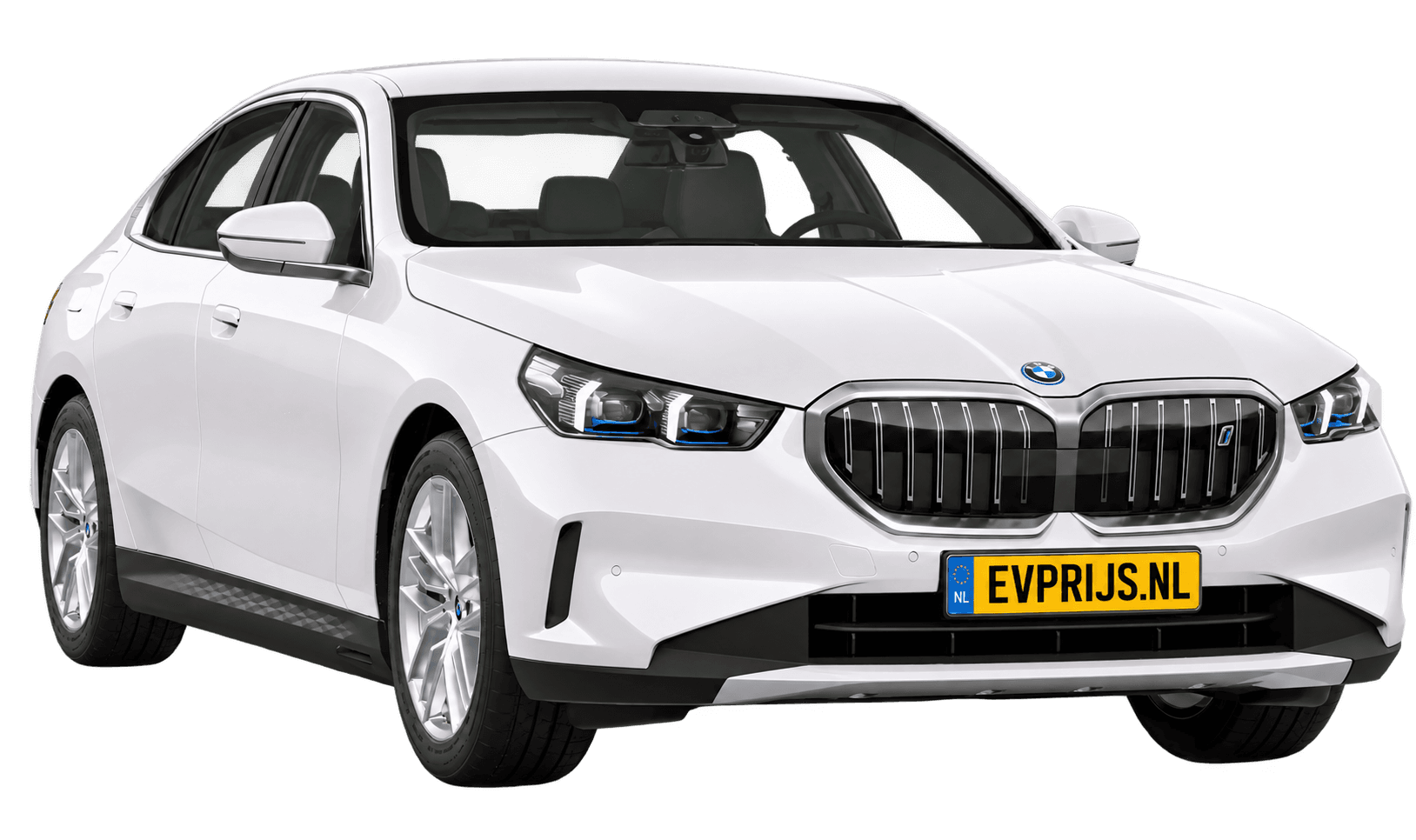 AI-bewerking (Imagegen) van officieel BMW Nederland-configuratorbeeld: i5 Sedan voor-/zijaanzicht in Alpinweiss (configuratie BMW i5 eDrive40 Sedan Standaarduitvoering); velgen en details kunnen per uitvoering afwijken, beeld 3