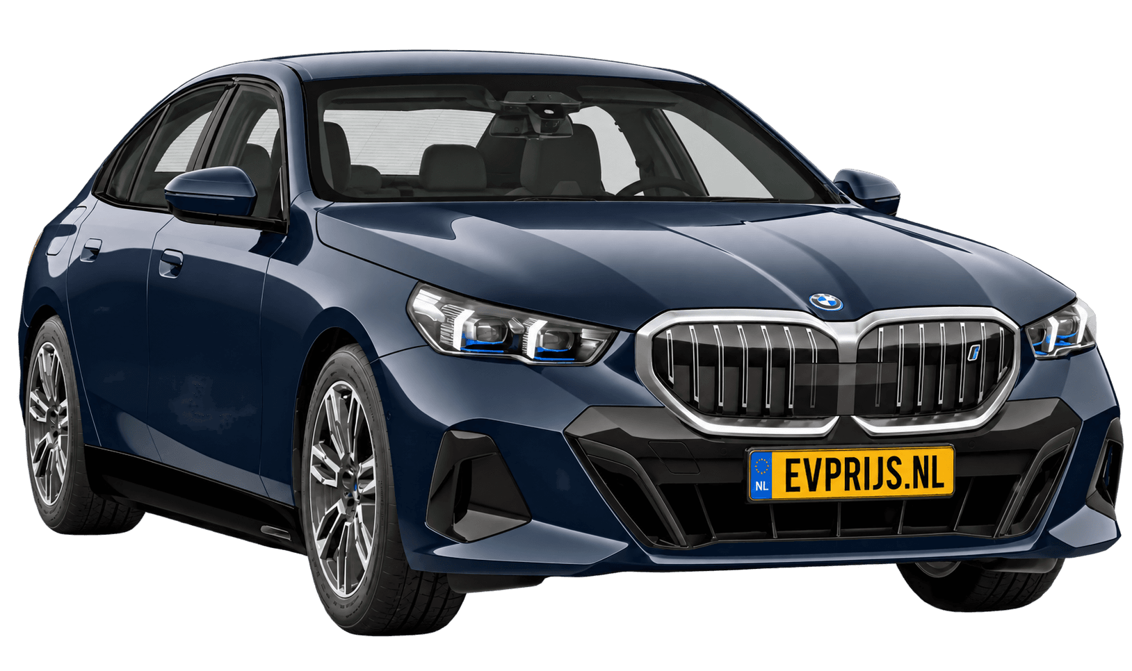AI-bewerking (Imagegen) van officieel BMW Nederland-configuratorbeeld: i5 Sedan voor-/zijaanzicht in M Carbonschwarz metallic (configuratie BMW i5 eDrive40 Sedan Standaarduitvoering, door de configurator aangepast voor deze lak); velgen en details kunnen per uitvoering afwijken, beeld 4