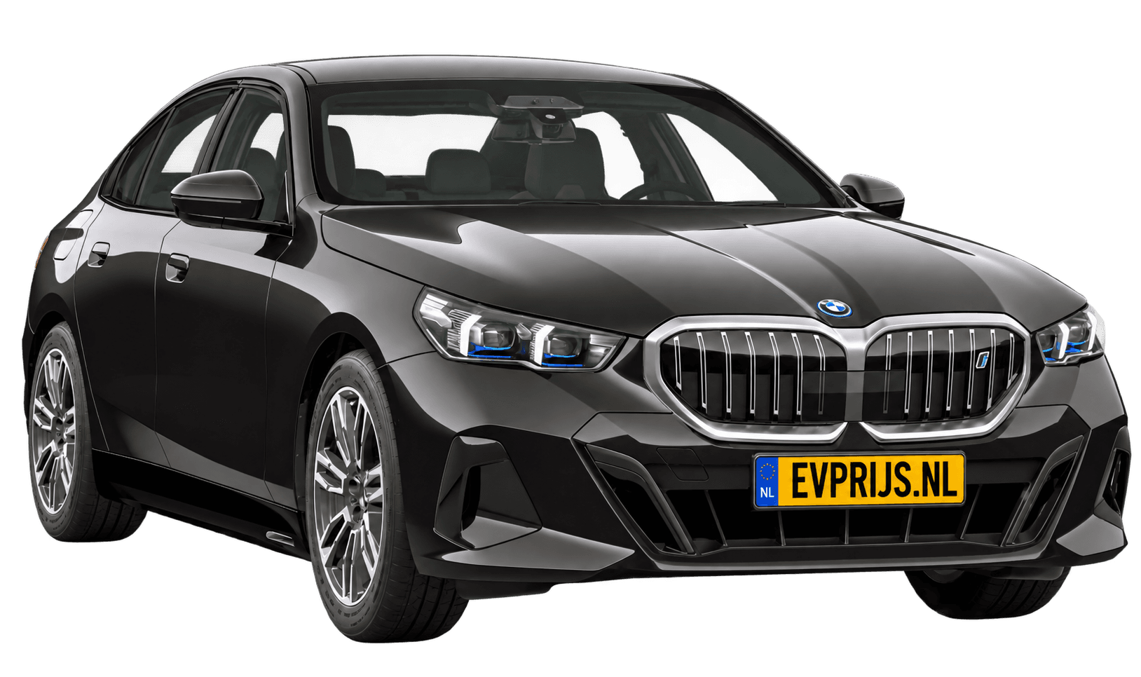 AI-bewerking (Imagegen) van officieel BMW Nederland-configuratorbeeld: i5 Sedan voor-/zijaanzicht in Saphirschwarz metallic (configuratie BMW i5 eDrive40 Sedan Standaarduitvoering); velgen en details kunnen per uitvoering afwijken, beeld 5