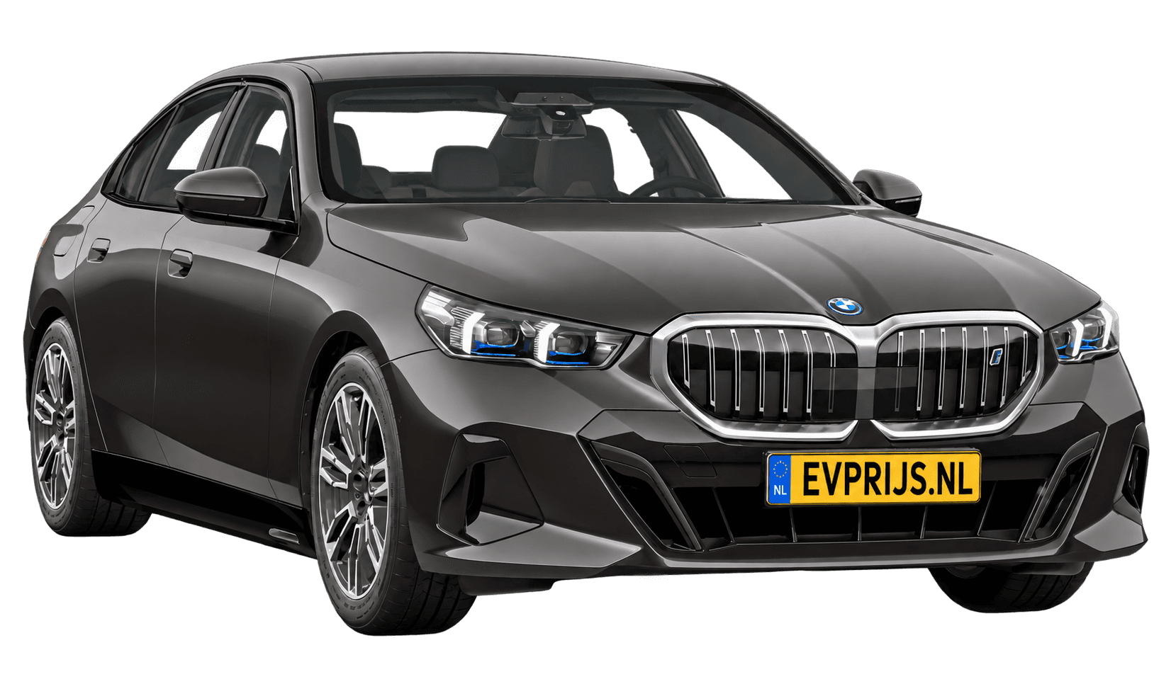AI-bewerking (Imagegen) van officieel BMW Nederland-configuratorbeeld: i5 Sedan voor-/zijaanzicht in Sophistograu Brillianteffect metallic (configuratie BMW i5 eDrive40 Sedan Standaarduitvoering); velgen en details kunnen per uitvoering afwijken, beeld 6