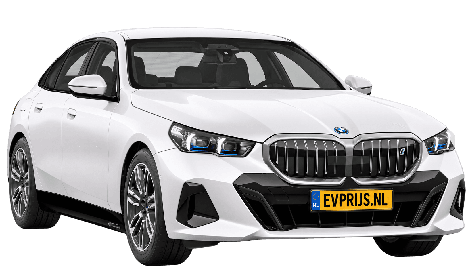 AI-bewerking (Imagegen) van officieel BMW Nederland-configuratorbeeld: i5 Sedan voor-/zijaanzicht in Mineralweiss metallic (configuratie BMW i5 eDrive40 Sedan Standaarduitvoering); velgen en details kunnen per uitvoering afwijken, beeld 7