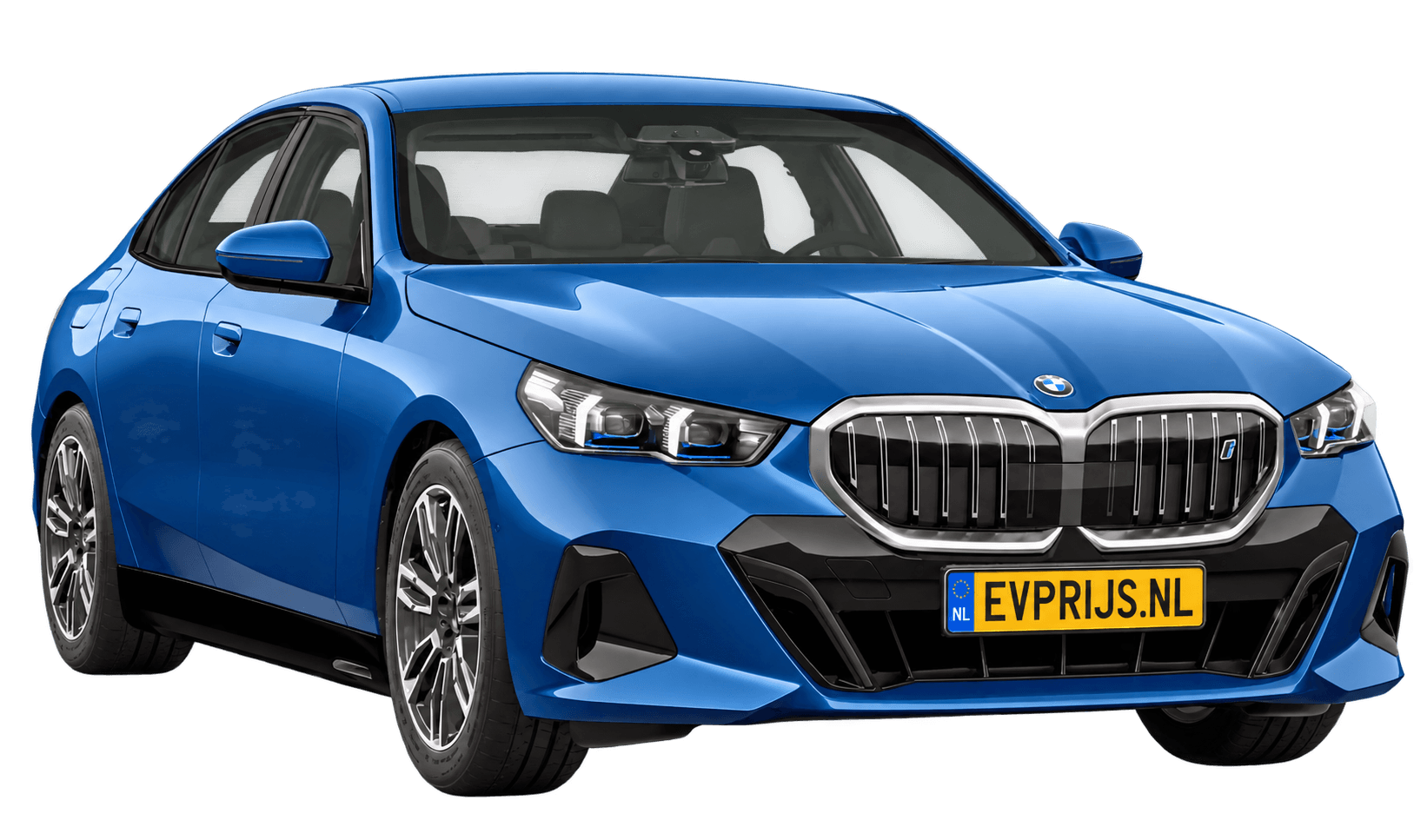 AI-bewerking (Imagegen) van officieel BMW Nederland-configuratorbeeld: i5 Sedan voor-/zijaanzicht in Phytonicblau metallic (configuratie BMW i5 eDrive40 Sedan Standaarduitvoering); kleurverzadiging kan afwijken; velgen en details kunnen per uitvoering afwijken, beeld 8