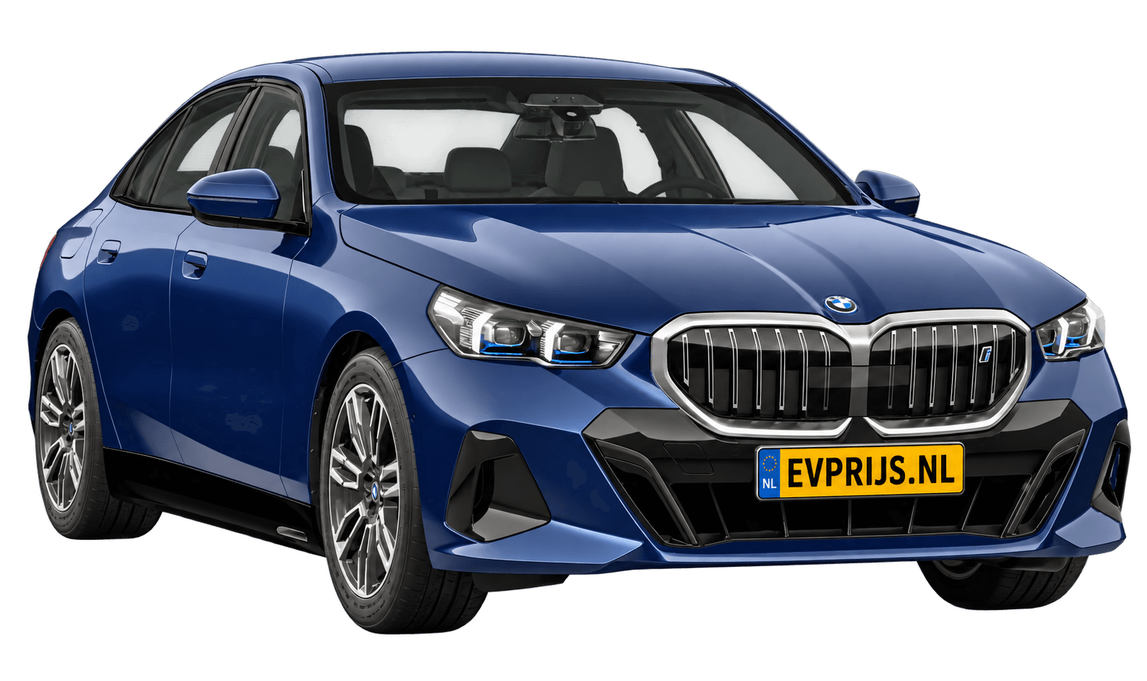 AI-bewerking (Imagegen) van officieel BMW Nederland-configuratorbeeld: i5 Sedan voor-/zijaanzicht in BMW Individual Tansanit metallic (configuratie BMW i5 eDrive40 Sedan Standaarduitvoering); kleurverzadiging kan afwijken; velgen en details kunnen per uitvoering afwijken, beeld 12