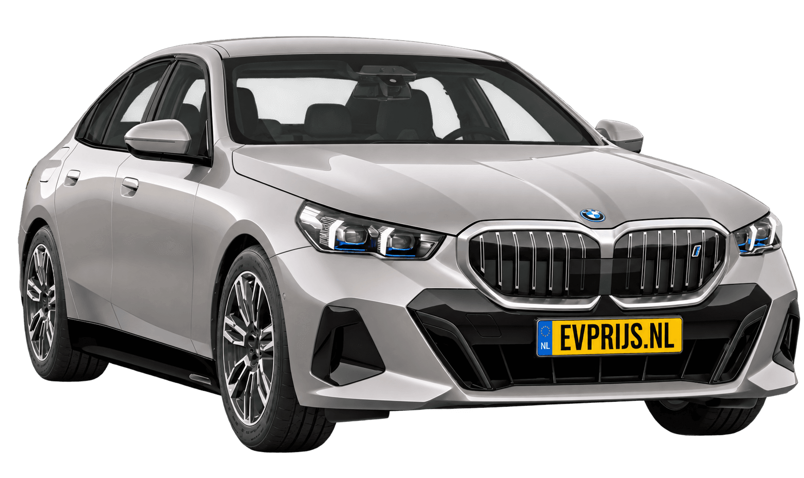AI-bewerking (Imagegen) van officieel BMW Nederland-configuratorbeeld: i5 Sedan voor-/zijaanzicht in Oxidgrau metallic (configuratie BMW i5 eDrive40 Sedan Standaarduitvoering); velgen en details kunnen per uitvoering afwijken, beeld 9