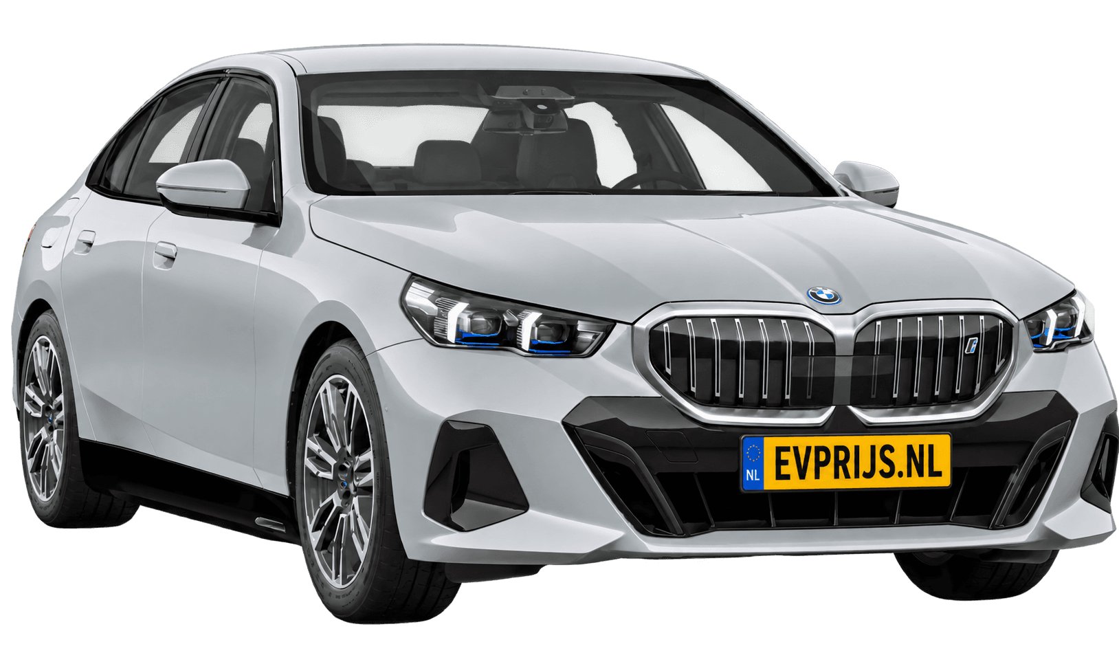 AI-bewerking (Imagegen) van officieel BMW Nederland-configuratorbeeld: i5 Sedan voor-/zijaanzicht in Brooklyn Grau (configuratie BMW i5 eDrive40 Sedan Standaarduitvoering); velgen en details kunnen per uitvoering afwijken, beeld 10
