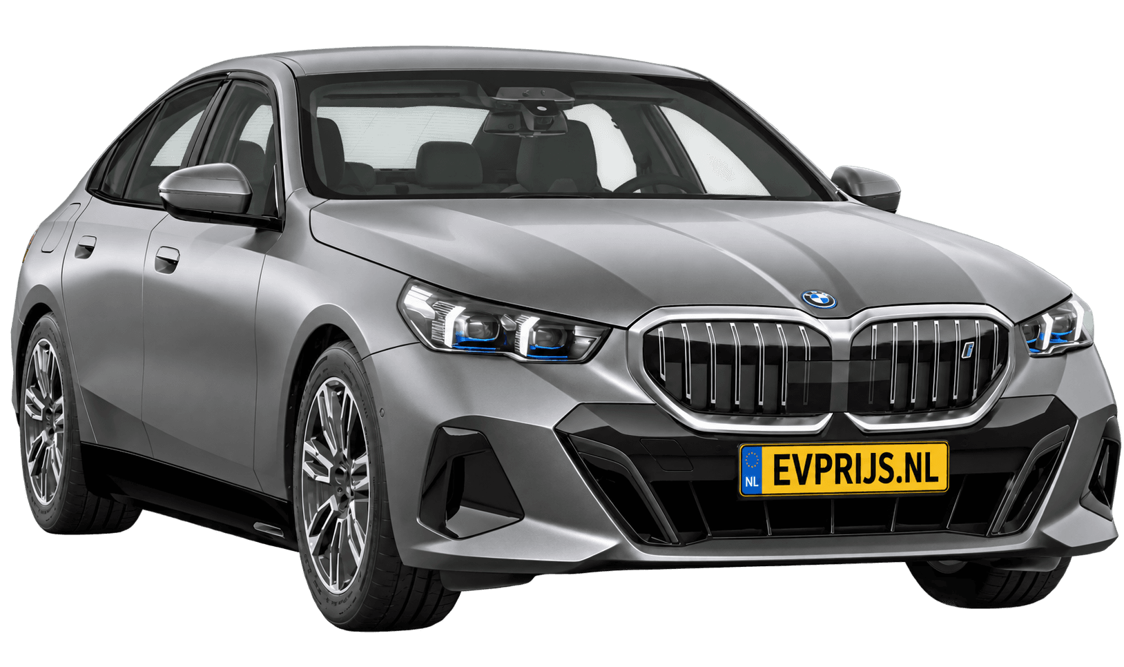 AI-bewerking (Imagegen) van officieel BMW Nederland-configuratorbeeld: i5 Sedan voor-/zijaanzicht in BMW Individual Frozen Pure Grey metallic (configuratie BMW i5 eDrive40 Sedan Standaarduitvoering); velgen en details kunnen per uitvoering afwijken, beeld 13