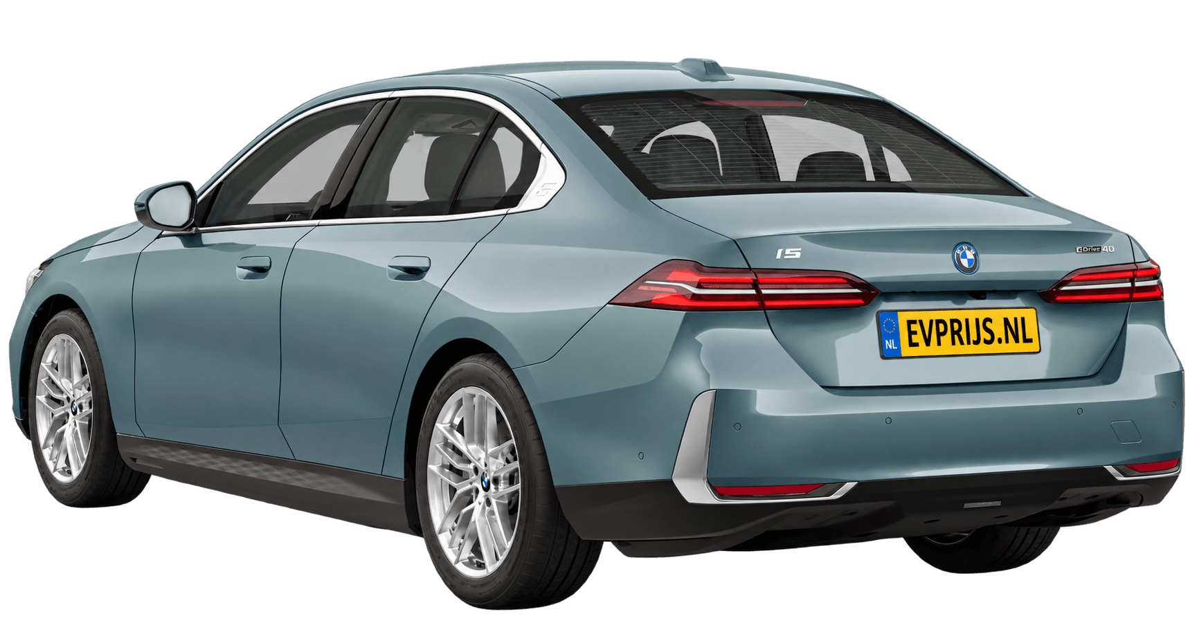 AI-bewerking (Imagegen) van officieel BMW Nederland-configuratorbeeld: i5 Sedan achter-/zijaanzicht in Cape York Green metallic (configuratie BMW i5 eDrive40 Sedan Standaarduitvoering); velgen en details kunnen per uitvoering afwijken, beeld 2