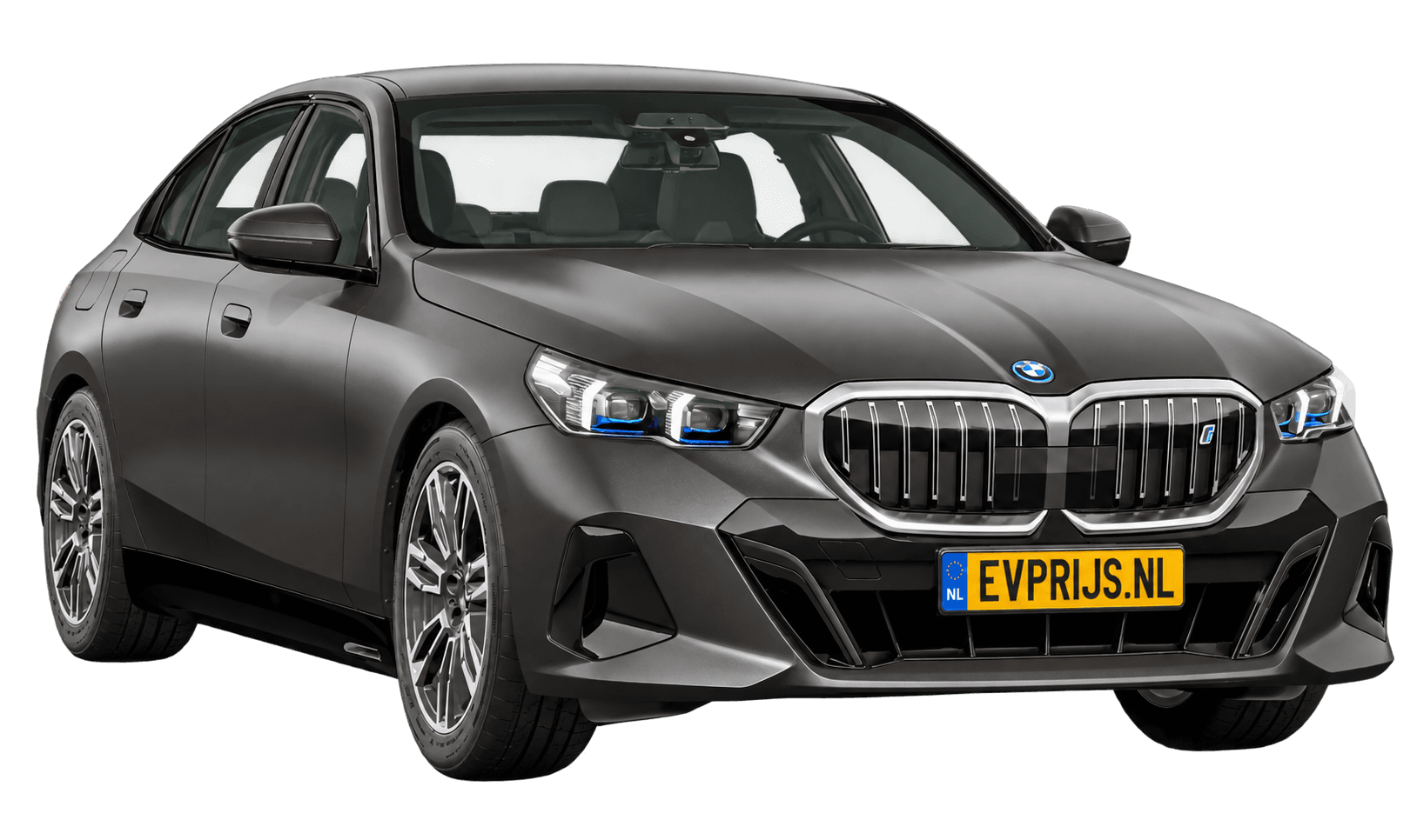 AI-bewerking (Imagegen) van officieel BMW Nederland-configuratorbeeld: i5 Sedan voor-/zijaanzicht in BMW Individual Frozen Deep Grey metallic (configuratie BMW i5 eDrive40 Sedan Standaarduitvoering); velgen en details kunnen per uitvoering afwijken, beeld 14