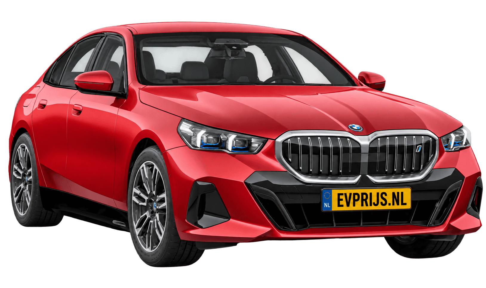 AI-bewerking (Imagegen) van officieel BMW Nederland-configuratorbeeld: i5 Sedan voor-/zijaanzicht in Fire Rot metallic (configuratie BMW i5 eDrive40 Sedan Standaarduitvoering); kleurverzadiging kan afwijken; velgen en details kunnen per uitvoering afwijken, beeld 11