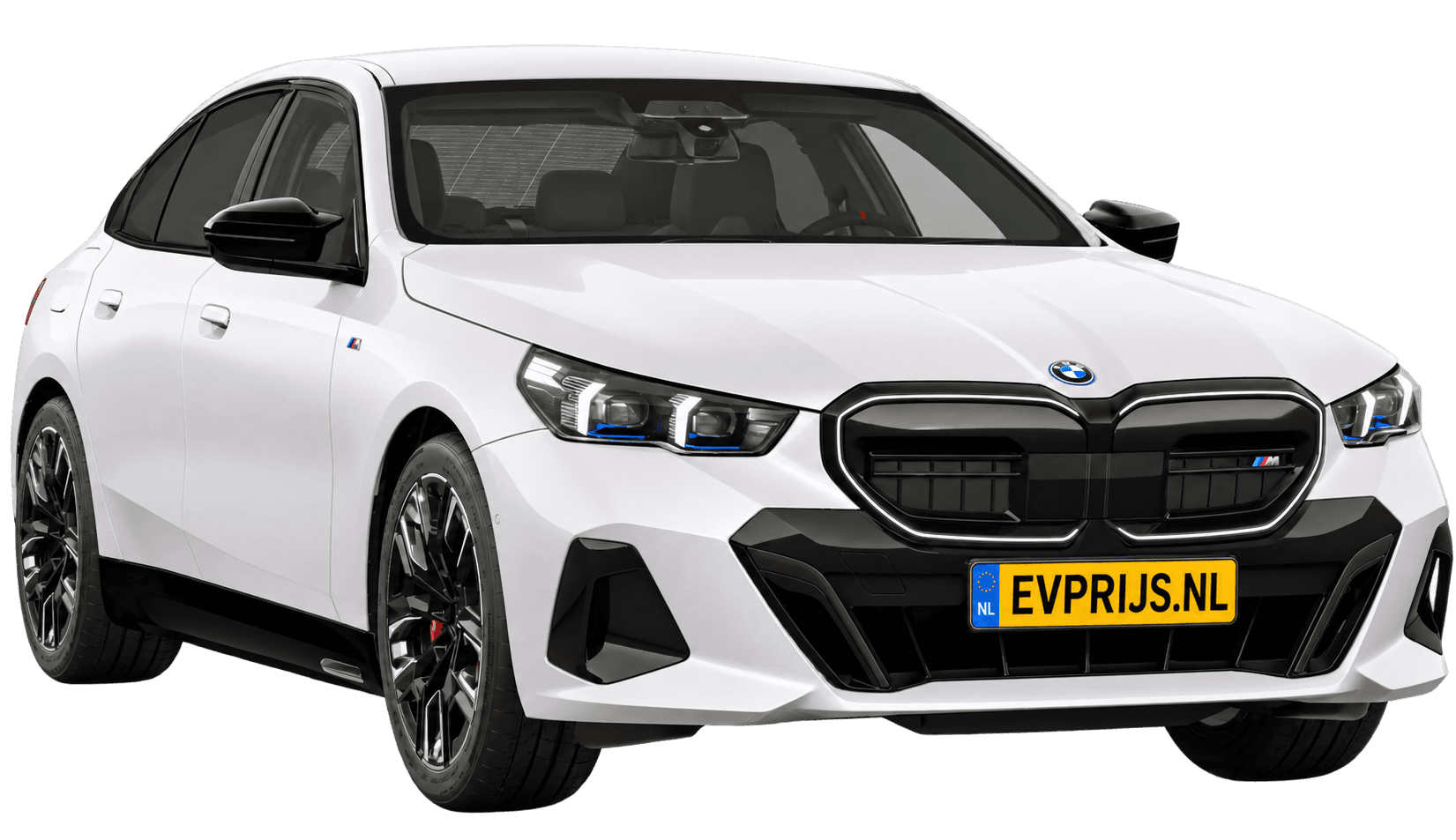 AI-bewerking (Imagegen) van officieel BMW Nederland-configuratorbeeld: i5 Sedan M60 xDrive voor-/zijaanzicht in Mineralweiss metallic (configuratie BMW i5 M60 xDrive Sedan BMW M model(len)); velgen en details kunnen per uitvoering afwijken, beeld 7