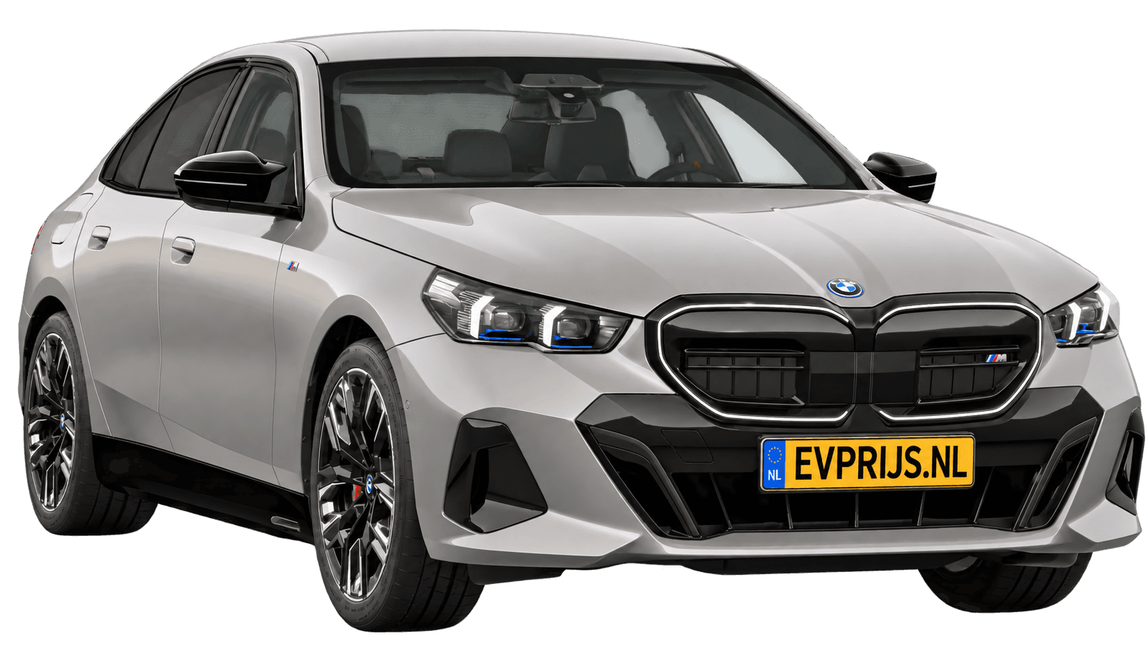 AI-bewerking (Imagegen) van officieel BMW Nederland-configuratorbeeld: i5 Sedan M60 xDrive voor-/zijaanzicht in Oxidgrau metallic (configuratie BMW i5 M60 xDrive Sedan BMW M model(len)); velgen en details kunnen per uitvoering afwijken, beeld 9