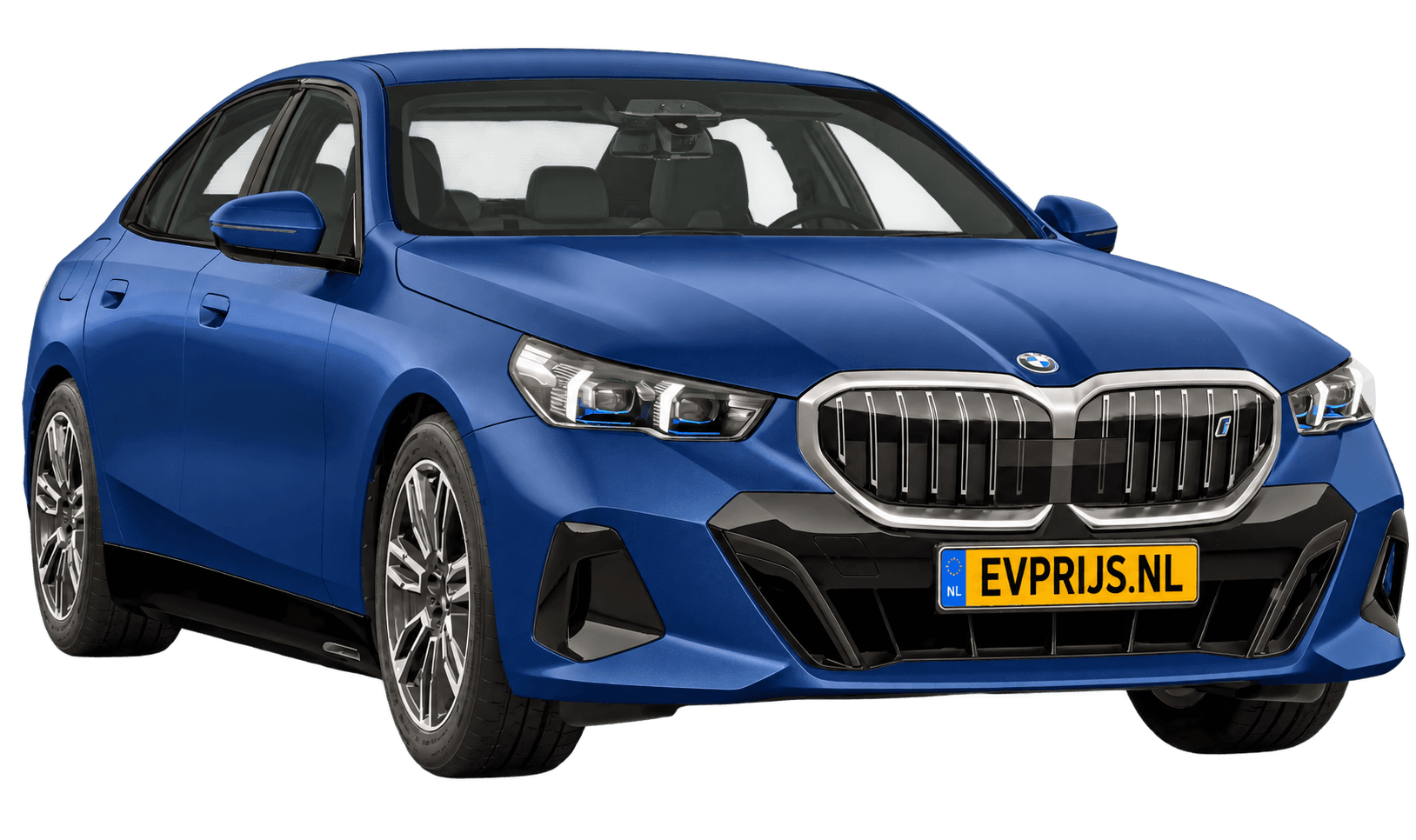 AI-bewerking (Imagegen) van officieel BMW Nederland-configuratorbeeld: i5 Sedan voor-/zijaanzicht in BMW Individual Frozen Portimao Blau metallic (configuratie BMW i5 eDrive40 Sedan Standaarduitvoering); kleurverzadiging kan afwijken; velgen en details kunnen per uitvoering afwijken, beeld 15