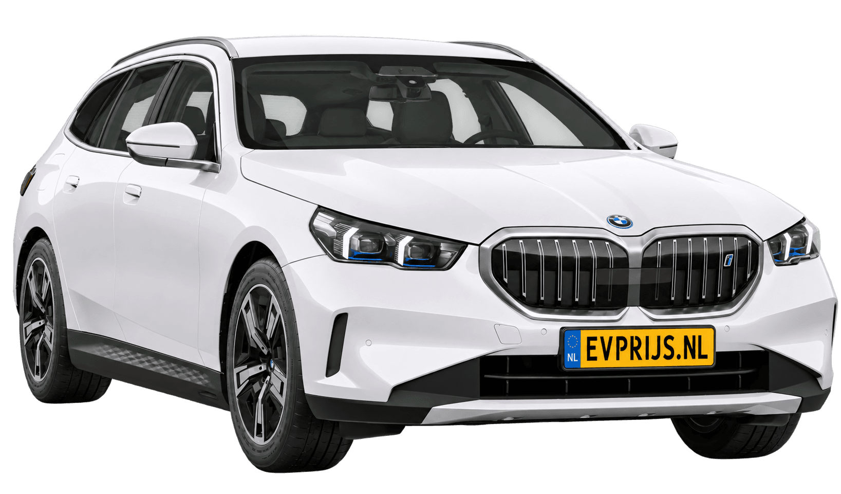 AI-bewerking (Imagegen) van officieel BMW Nederland-configuratorbeeld: i5 Touring voor-/zijaanzicht in Alpinweiss (configuratie BMW i5 eDrive40 Touring Standaarduitvoering); velgen en details kunnen per uitvoering afwijken, beeld 15