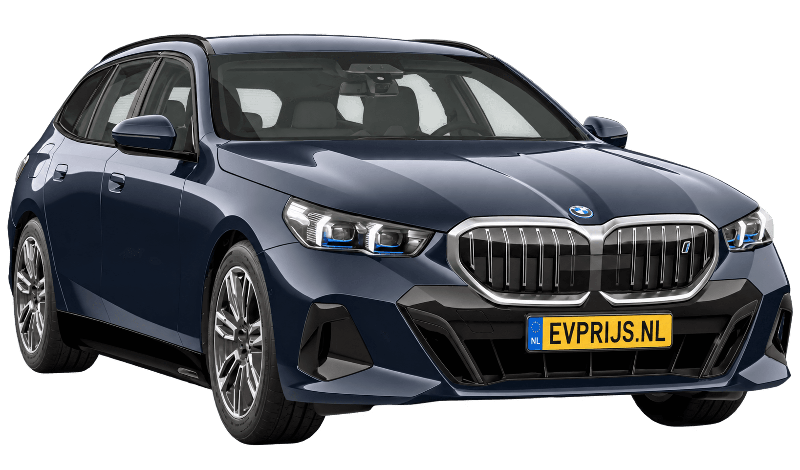 AI-bewerking (Imagegen) van officieel BMW Nederland-configuratorbeeld: i5 Touring voor-/zijaanzicht in M Carbonschwarz metallic (configuratie BMW i5 eDrive40 Touring Standaarduitvoering, door de configurator aangepast voor deze lak); velgen en details kunnen per uitvoering afwijken, beeld 3