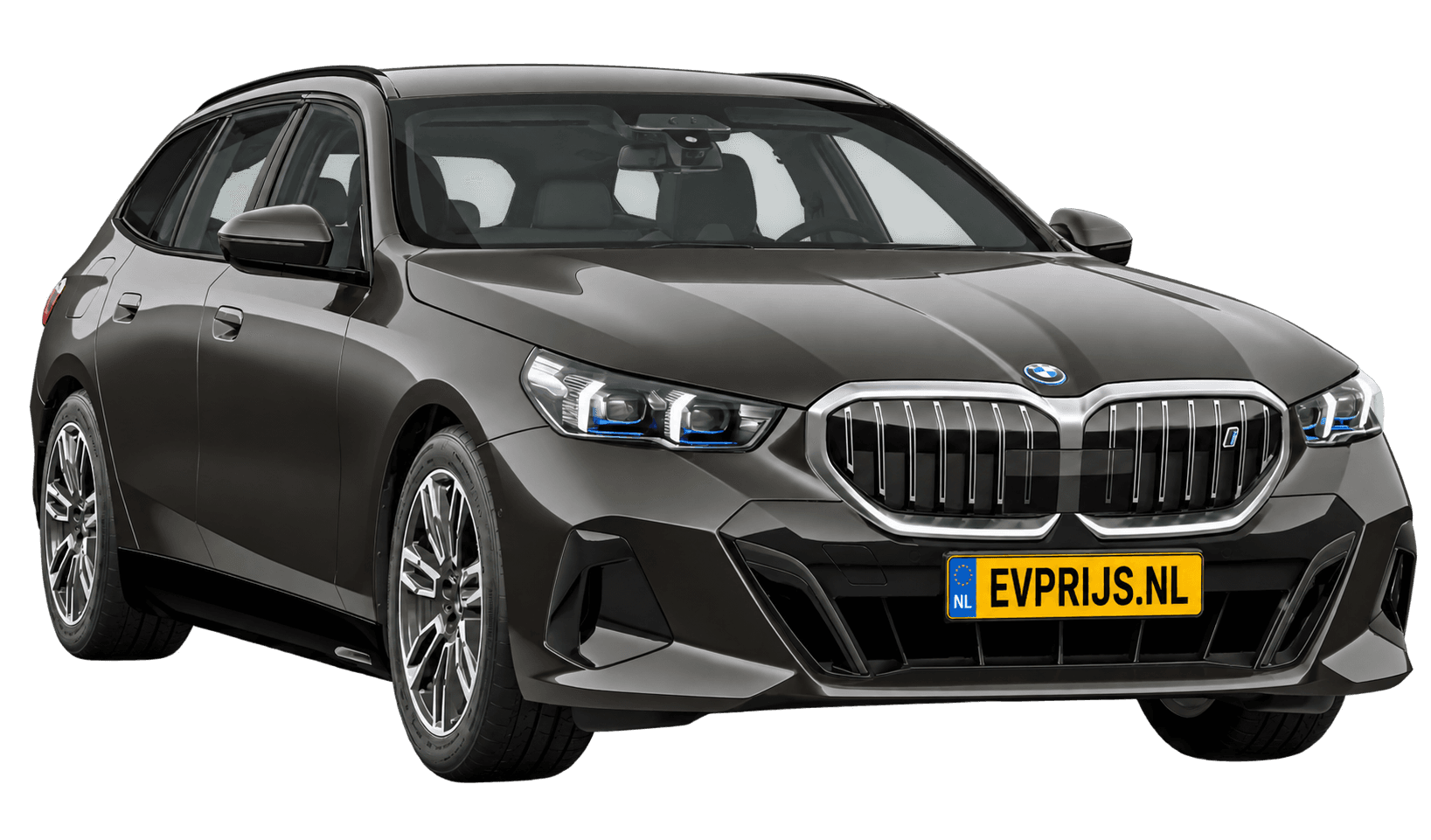 AI-bewerking (Imagegen) van officieel BMW Nederland-configuratorbeeld: i5 Touring voor-/zijaanzicht in Sophistograu Brillianteffect metallic (configuratie BMW i5 eDrive40 Touring Standaarduitvoering); velgen en details kunnen per uitvoering afwijken, beeld 5