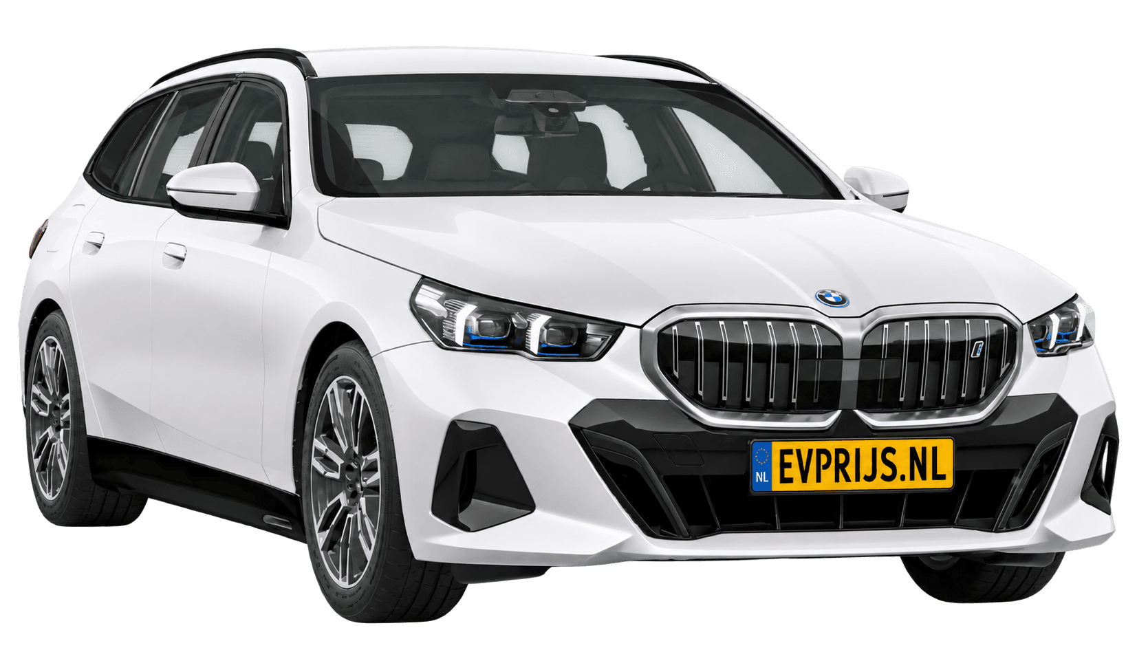 AI-bewerking (Imagegen) van officieel BMW Nederland-configuratorbeeld: i5 Touring voor-/zijaanzicht in Mineralweiss metallic (configuratie BMW i5 eDrive40 Touring Standaarduitvoering); velgen en details kunnen per uitvoering afwijken, beeld 6