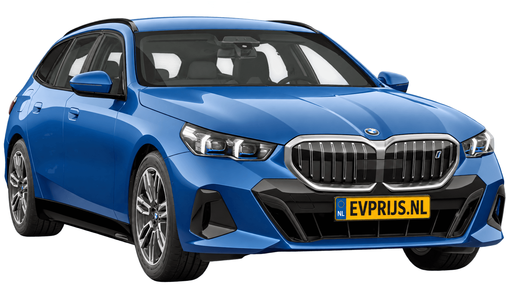 AI-bewerking (Imagegen) van officieel BMW Nederland-configuratorbeeld: i5 Touring voor-/zijaanzicht in Phytonicblau metallic (configuratie BMW i5 eDrive40 Touring Standaarduitvoering); kleurverzadiging kan afwijken; velgen en details kunnen per uitvoering afwijken, beeld 7