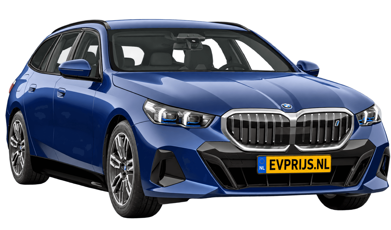 AI-bewerking (Imagegen) van officieel BMW Nederland-configuratorbeeld: i5 Touring voor-/zijaanzicht in BMW Individual Tansanit metallic (configuratie BMW i5 eDrive40 Touring Standaarduitvoering); kleurverzadiging kan afwijken; velgen en details kunnen per uitvoering afwijken, beeld 11