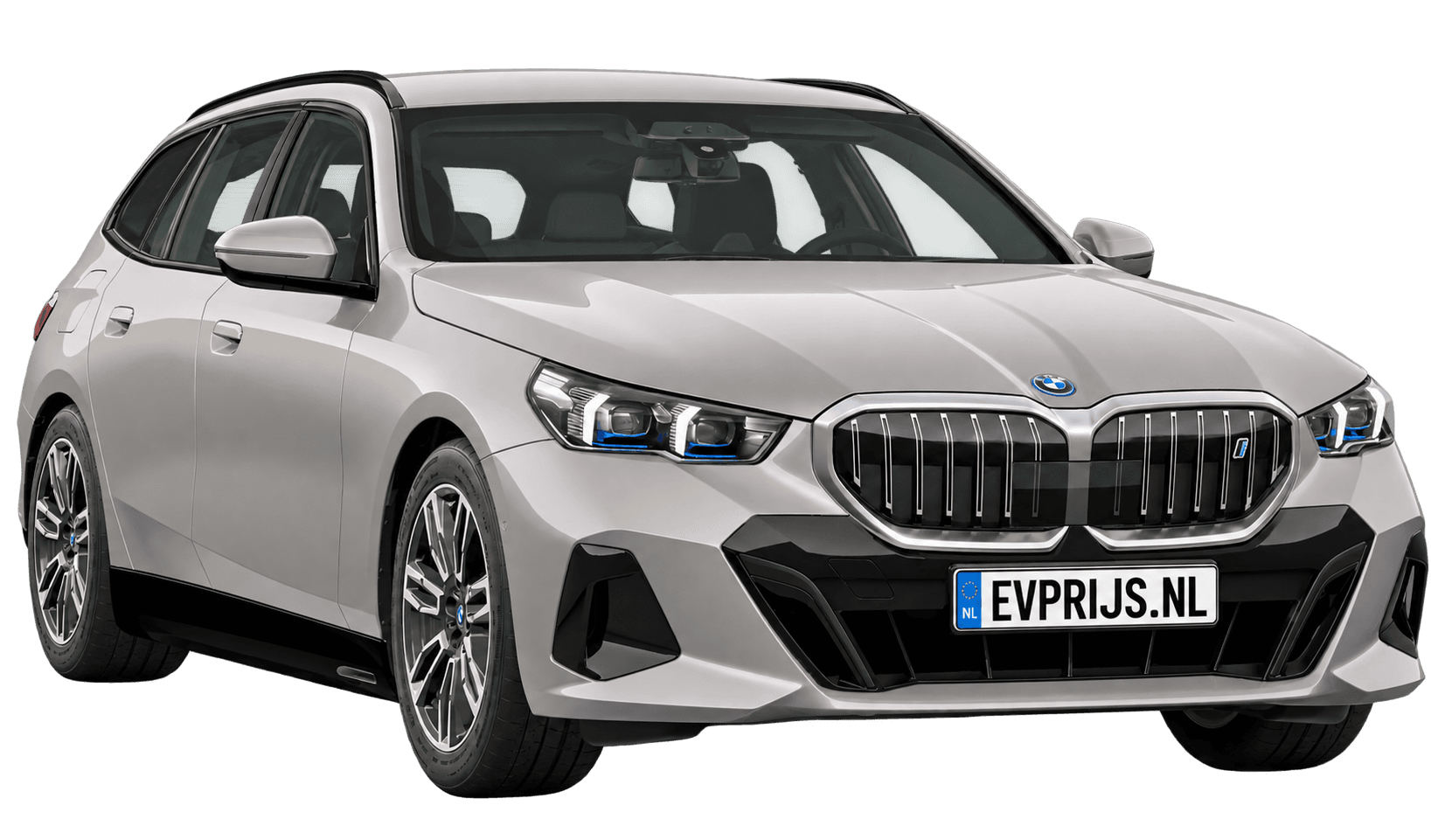 AI-bewerking (Imagegen) van officieel BMW Nederland-configuratorbeeld: i5 Touring voor-/zijaanzicht in Oxidgrau metallic (configuratie BMW i5 eDrive40 Touring Standaarduitvoering); velgen en details kunnen per uitvoering afwijken, beeld 8