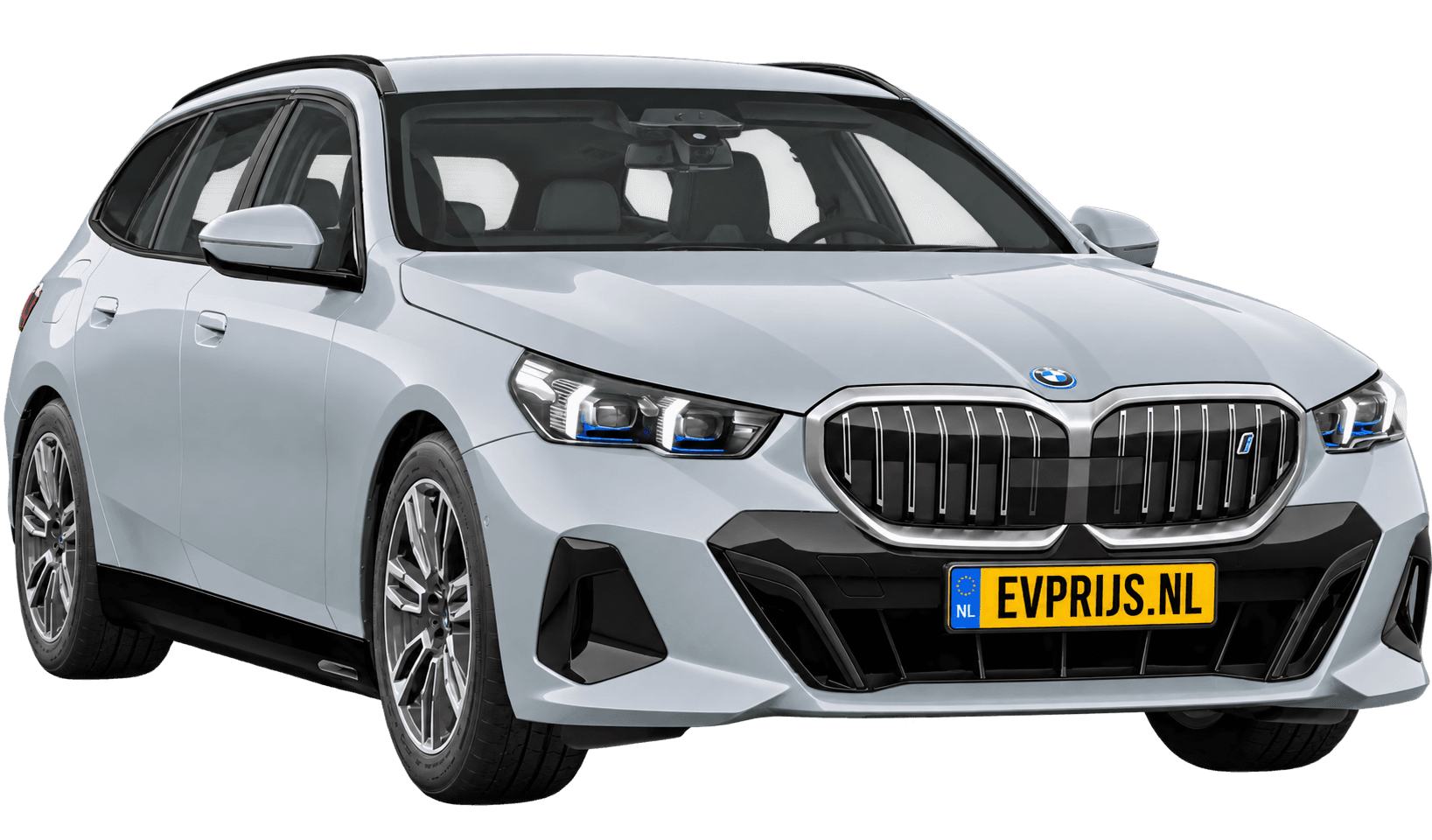 AI-bewerking (Imagegen) van officieel BMW Nederland-configuratorbeeld: i5 Touring voor-/zijaanzicht in Brooklyn Grau (configuratie BMW i5 eDrive40 Touring Standaarduitvoering); velgen en details kunnen per uitvoering afwijken, beeld 9