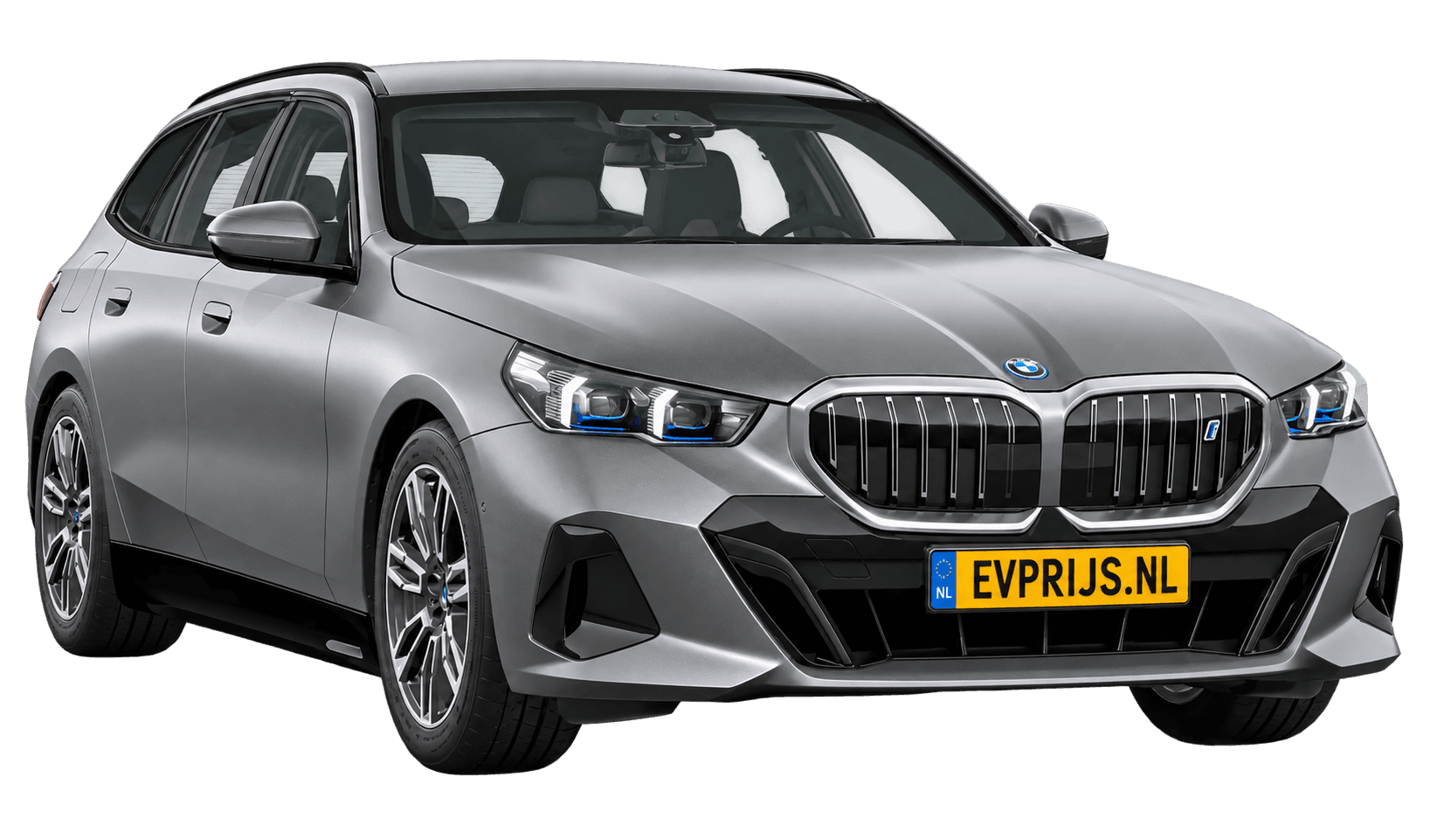 AI-bewerking (Imagegen) van officieel BMW Nederland-configuratorbeeld: i5 Touring voor-/zijaanzicht in BMW Individual Frozen Pure Grey metallic (configuratie BMW i5 eDrive40 Touring Standaarduitvoering); velgen en details kunnen per uitvoering afwijken, beeld 12