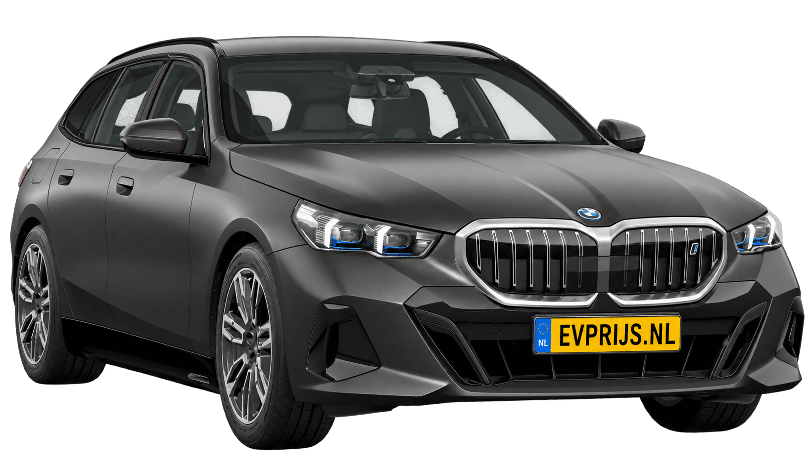 AI-bewerking (Imagegen) van officieel BMW Nederland-configuratorbeeld: i5 Touring voor-/zijaanzicht in BMW Individual Frozen Deep Grey metallic (configuratie BMW i5 eDrive40 Touring Standaarduitvoering); velgen en details kunnen per uitvoering afwijken, beeld 13