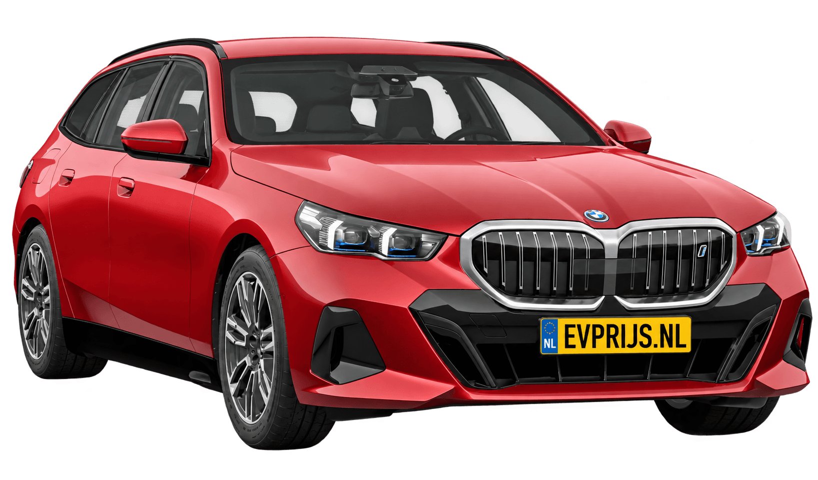 AI-bewerking (Imagegen) van officieel BMW Nederland-configuratorbeeld: i5 Touring voor-/zijaanzicht in Fire Rot metallic (configuratie BMW i5 eDrive40 Touring Standaarduitvoering); kleurverzadiging kan afwijken; velgen en details kunnen per uitvoering afwijken, beeld 10
