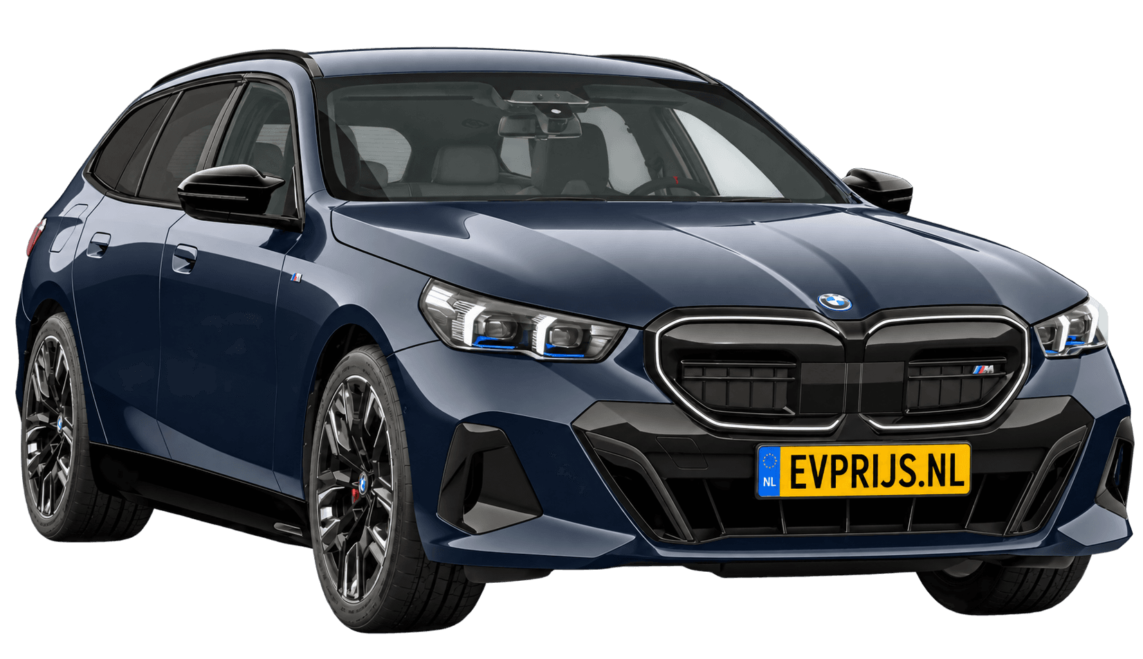 AI-bewerking (Imagegen) van officieel BMW Nederland-configuratorbeeld: i5 Touring M60 xDrive voor-/zijaanzicht in M Carbonschwarz metallic (configuratie BMW i5 M60 xDrive Touring BMW M model(len)); velgen en details kunnen per uitvoering afwijken, beeld 4